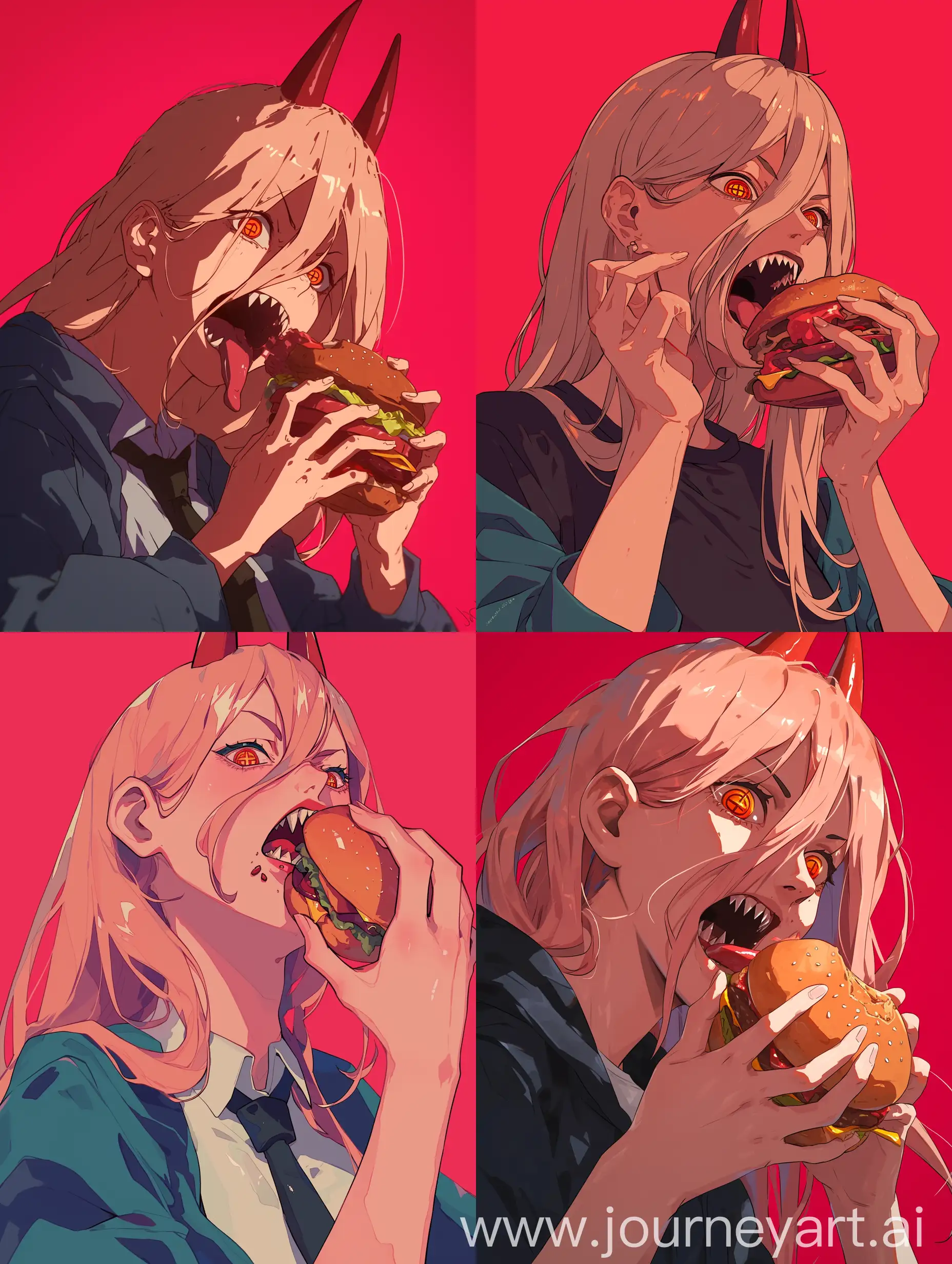 Power trying to steal a burger that Denji is eating, chainsawman, anime art, 2d, digital, cel shading, detailed, saturated --niji 6