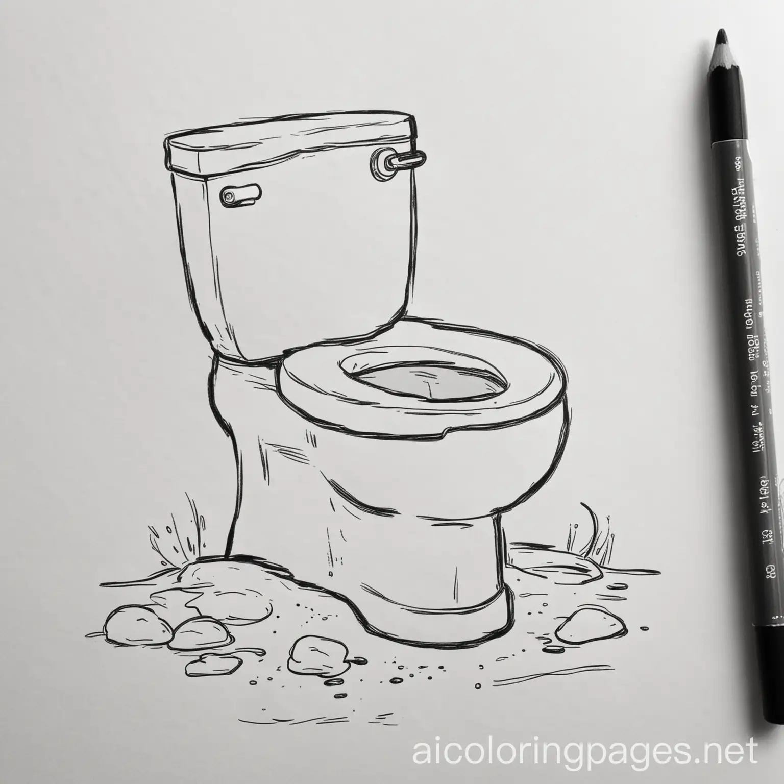 An uncoloured white drawing of a potty with next to it a little turd, diarrhea, pee and lines of a fart. , Coloring Page, black and white, line art, white background, Simplicity, Ample White Space. The background of the coloring page is plain white to make it easy for young children to color within the lines. The outlines of all the subjects are easy to distinguish, making it simple for kids to color without too much difficulty