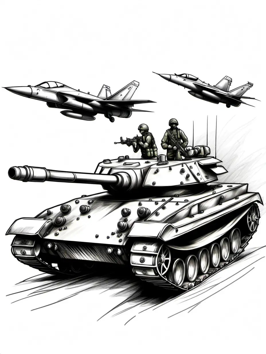 Military tank with soldier and two fighter jets sketch