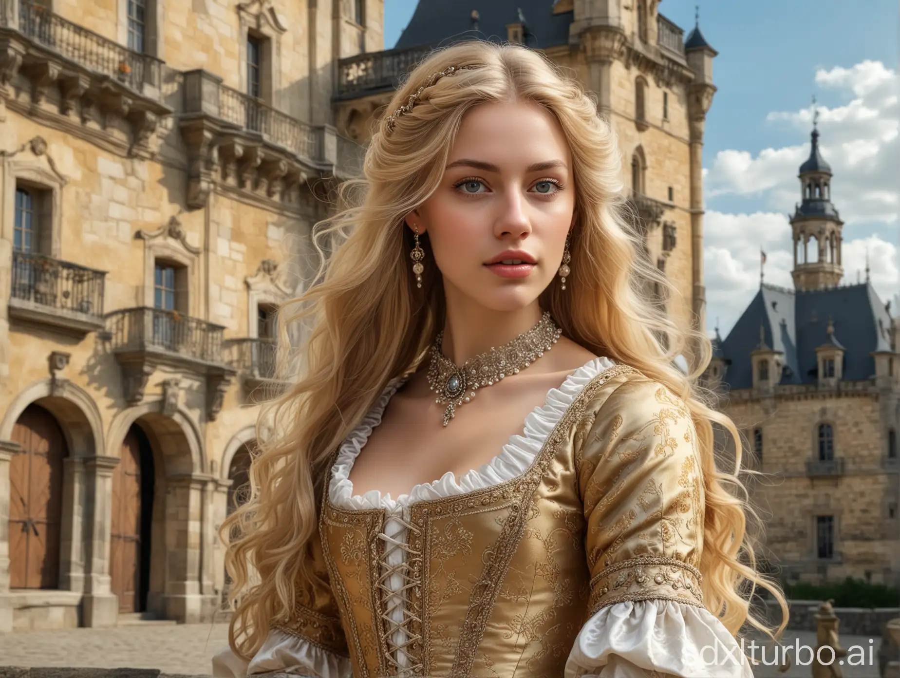 Portrait of a young blonde woman with long hair, in baroque clothing, in front of a castle, very detailed, hyper-realistic