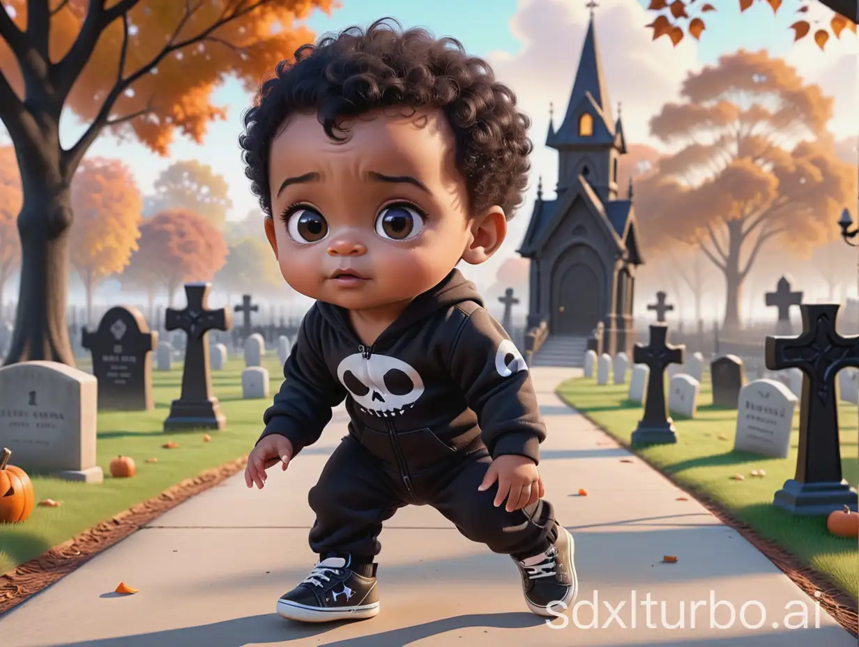 super cute, adorable, light skinned mixed African American and Caucasian boy, little baby boy, toddler, big brown eyes, very shaved black hair, black baby clothes, playing, cemetery, playground, gothic baby, spooky, cloudy day, hotel Transylvania,  pixar, autumn, halloween night, ultra realistic, adams family, fog