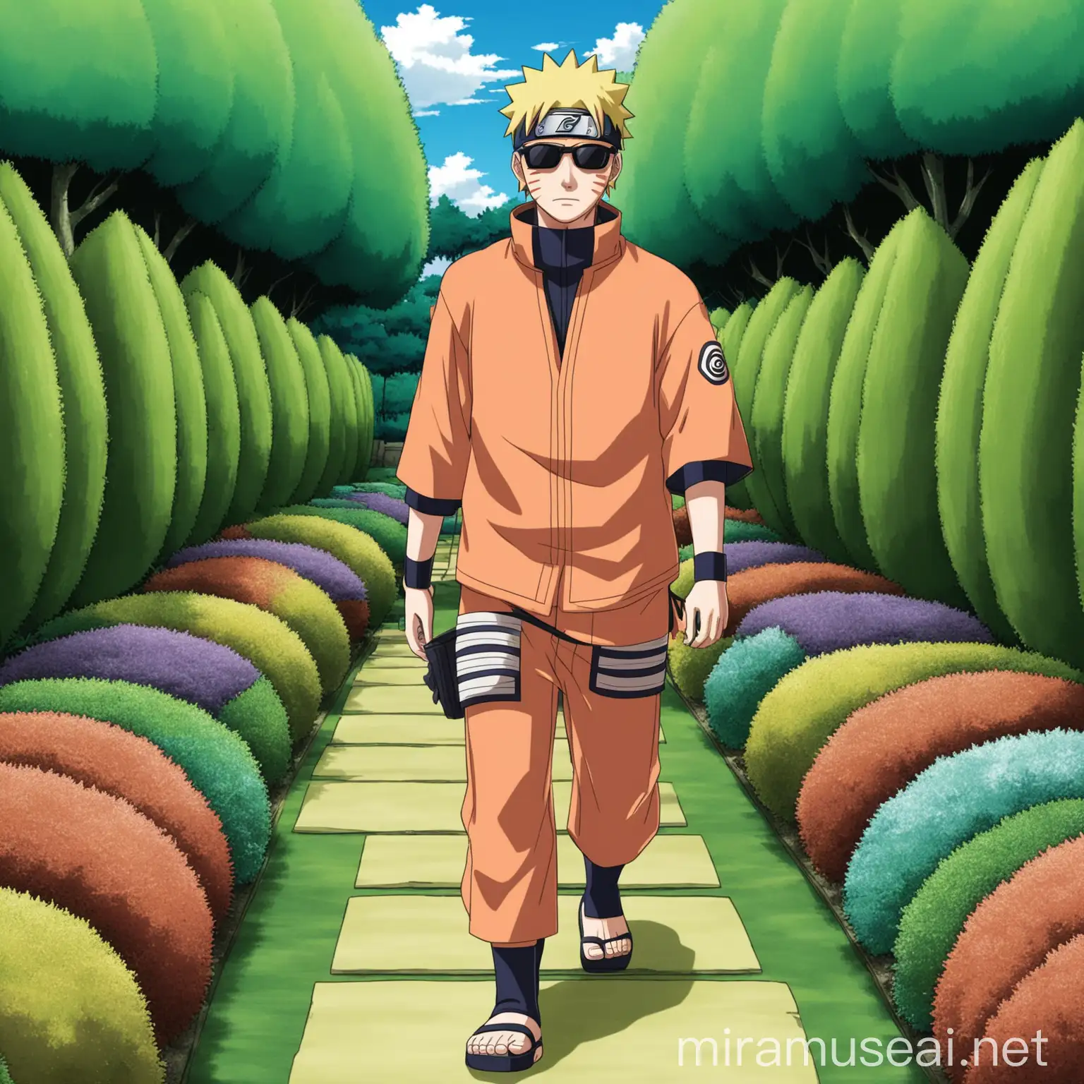 naruto wearing sunglasses and walking through the garden