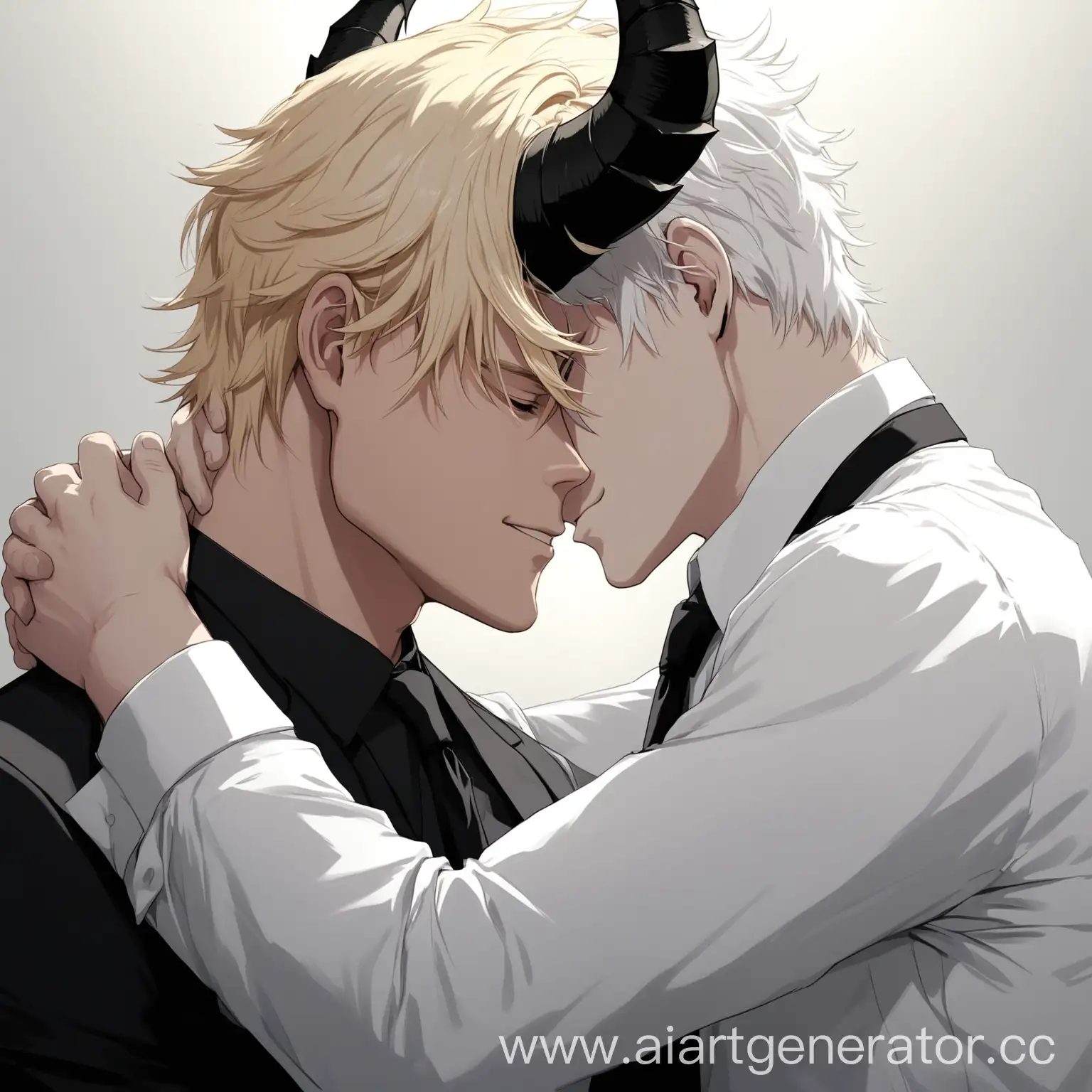 Blonde-Guy-Embracing-Horned-Companion-in-Formal-Attire