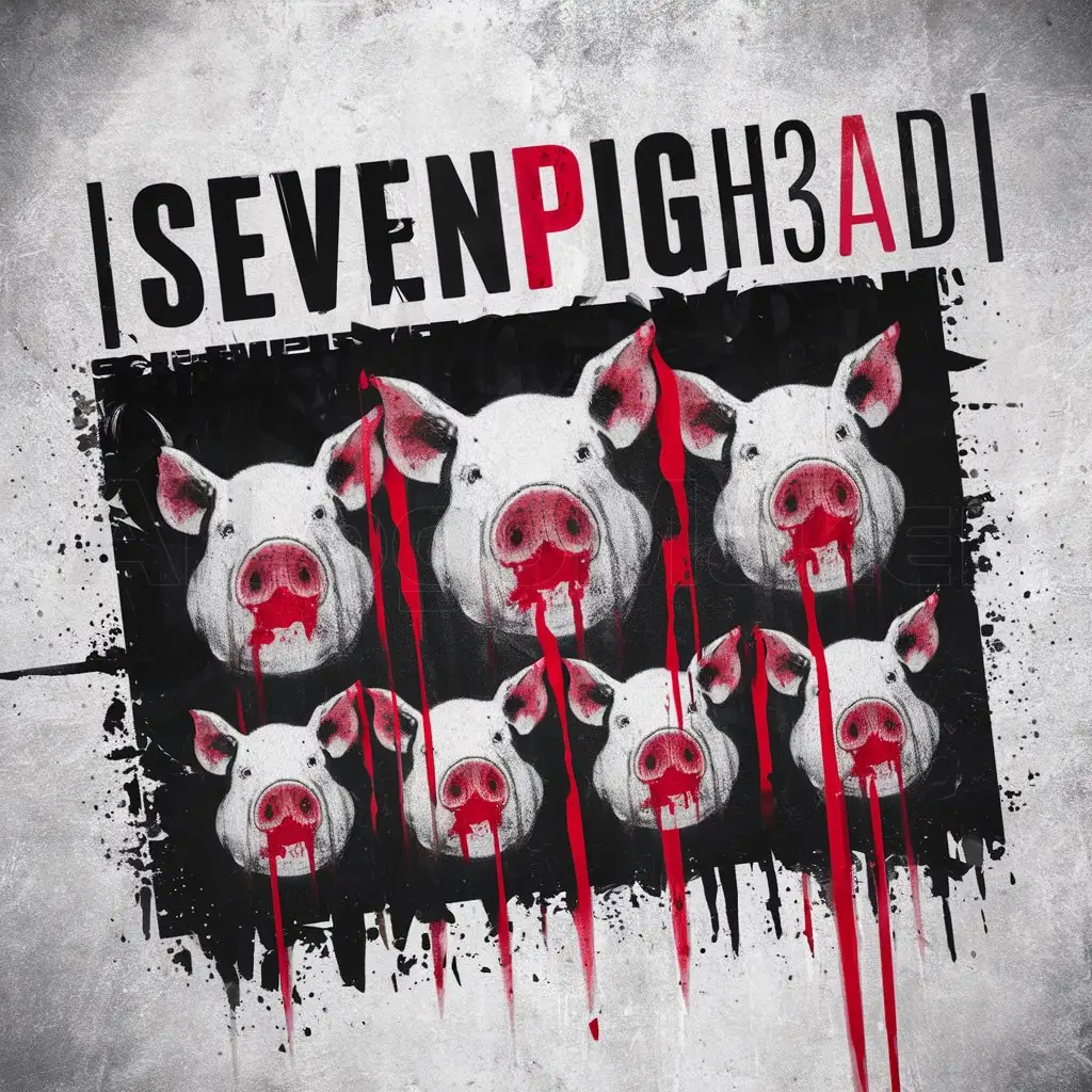 a logo design,with the text "[SEVENPIGZH3AD]", main symbol:Banksy style, 7 pig head, stencil red and black, dripping, red core, grunge, street art, white background,complex,clear background