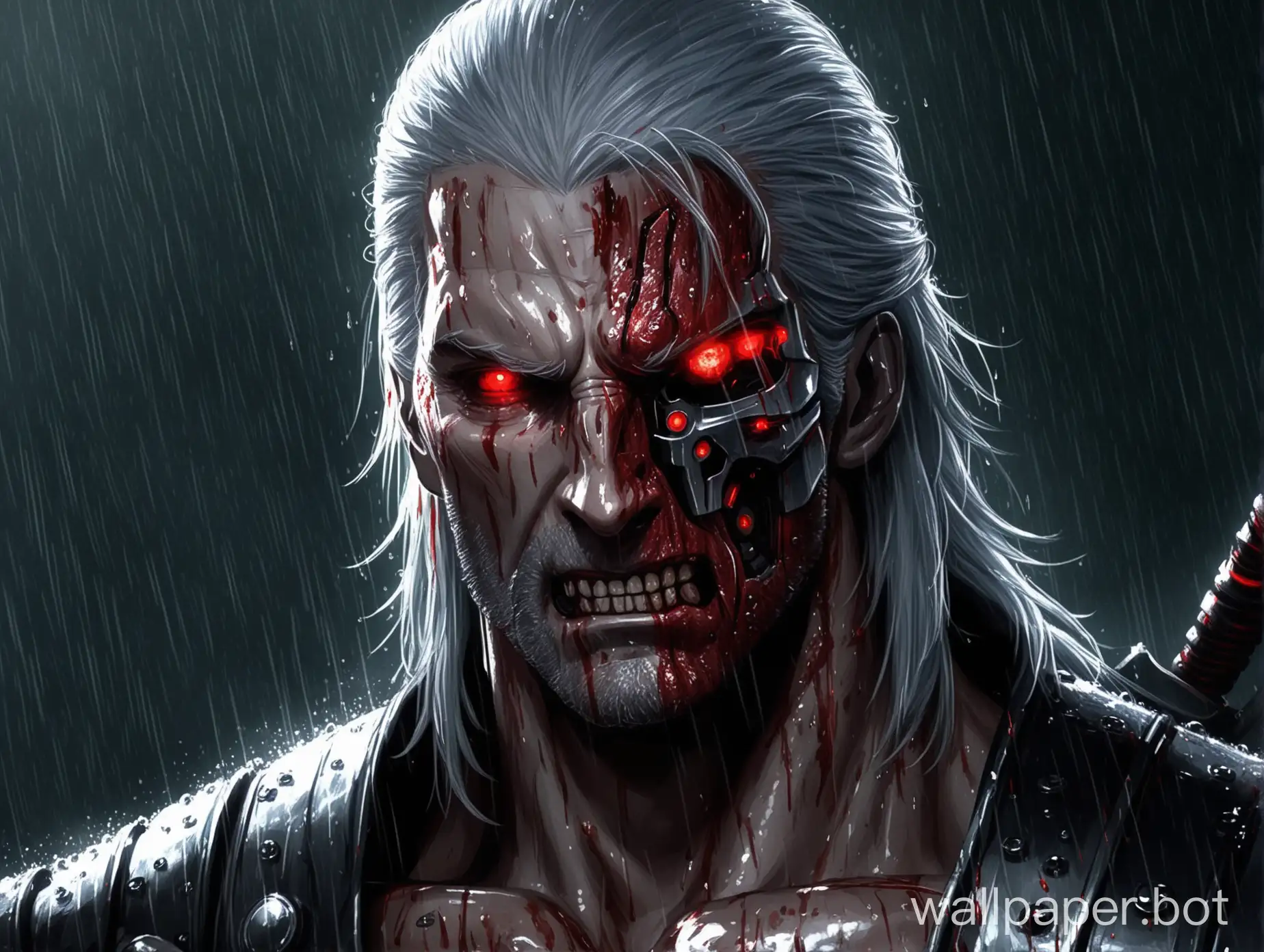Geralt became half a terminator, half a human, a terrifying atmosphere, one eye with a crimson red pupil, the other eye black, rain falling on the face, blood flowing realistically, a frightening appearance.