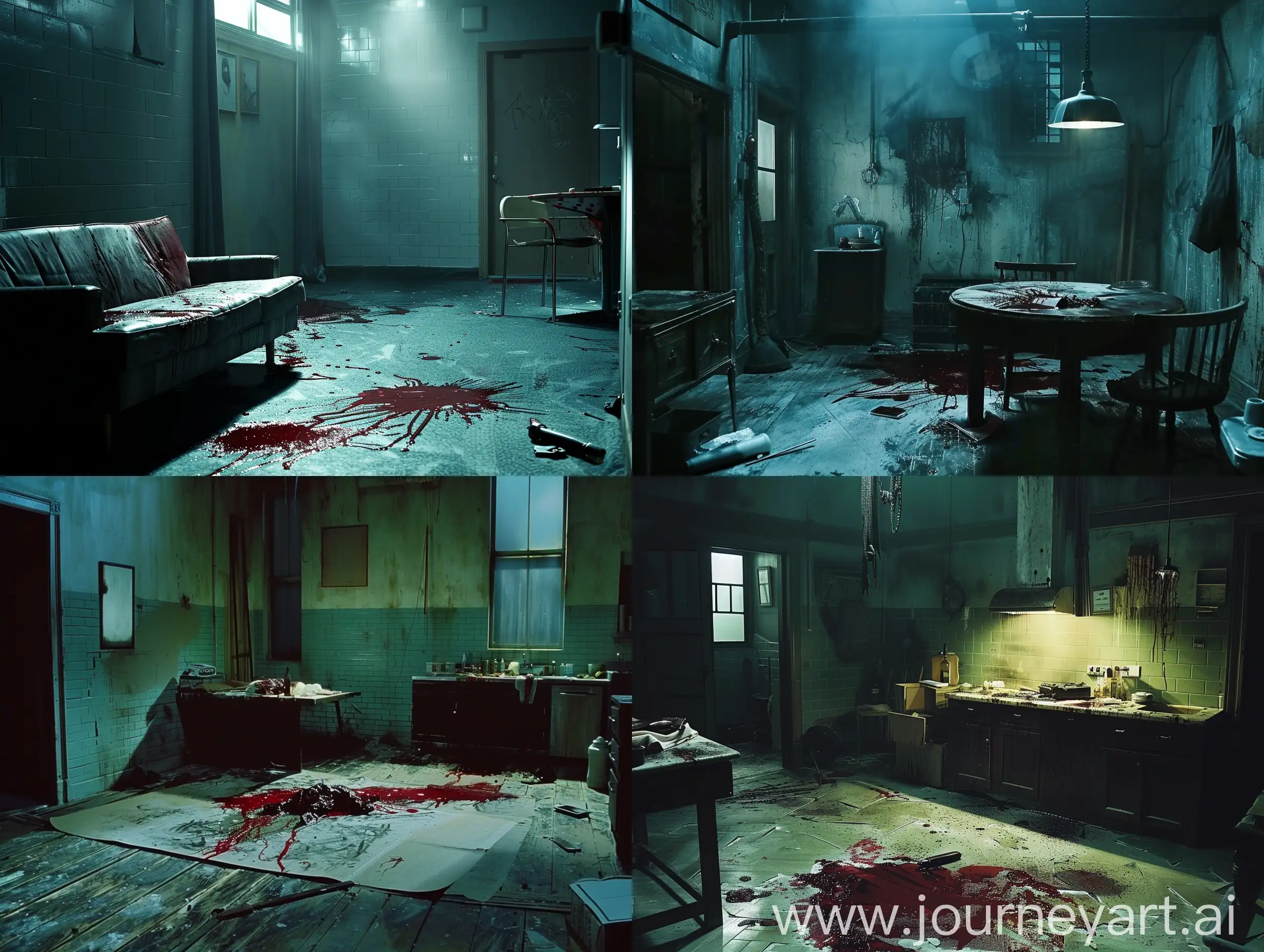 a murder scene, realistic, from the movie, directed by David Fincher, atmospheric
