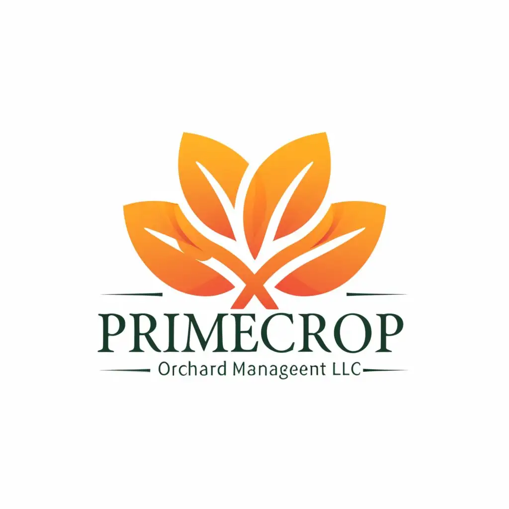 a logo design,with the text "PrimeCrop Orchard Management LLC", main symbol:Creative texts based logo, Peach crops, two leafs with logo Name, stylish, creative text based logo with leaf, leafs, crops, Agriculture,,Moderate,be used in Nonprofit industry,clear background