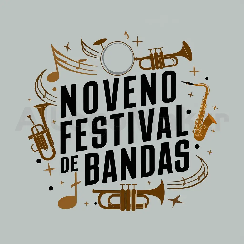 a logo design,with the text "Noveno festival de bandas", main symbol:Notas musicales , trompetas, saxofones y tambores,Moderate,clear background