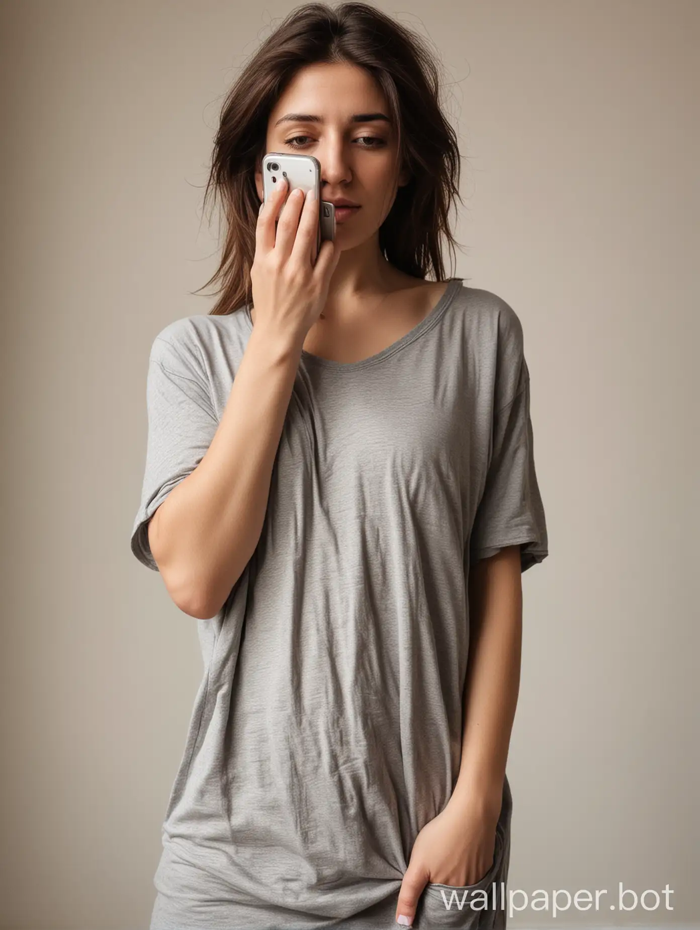 A woman standing with a mobile iPhone  hiding her face completely with medium natural breasts wearing a long baggy t shirt