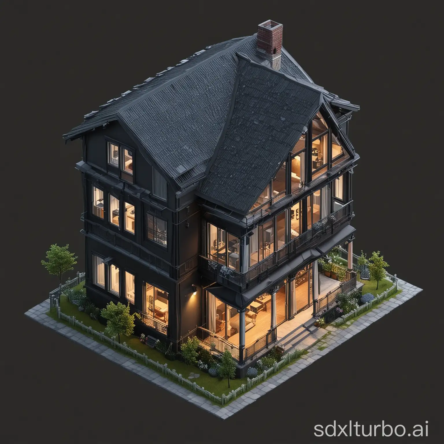 residential house, isometric view, transparent, black background