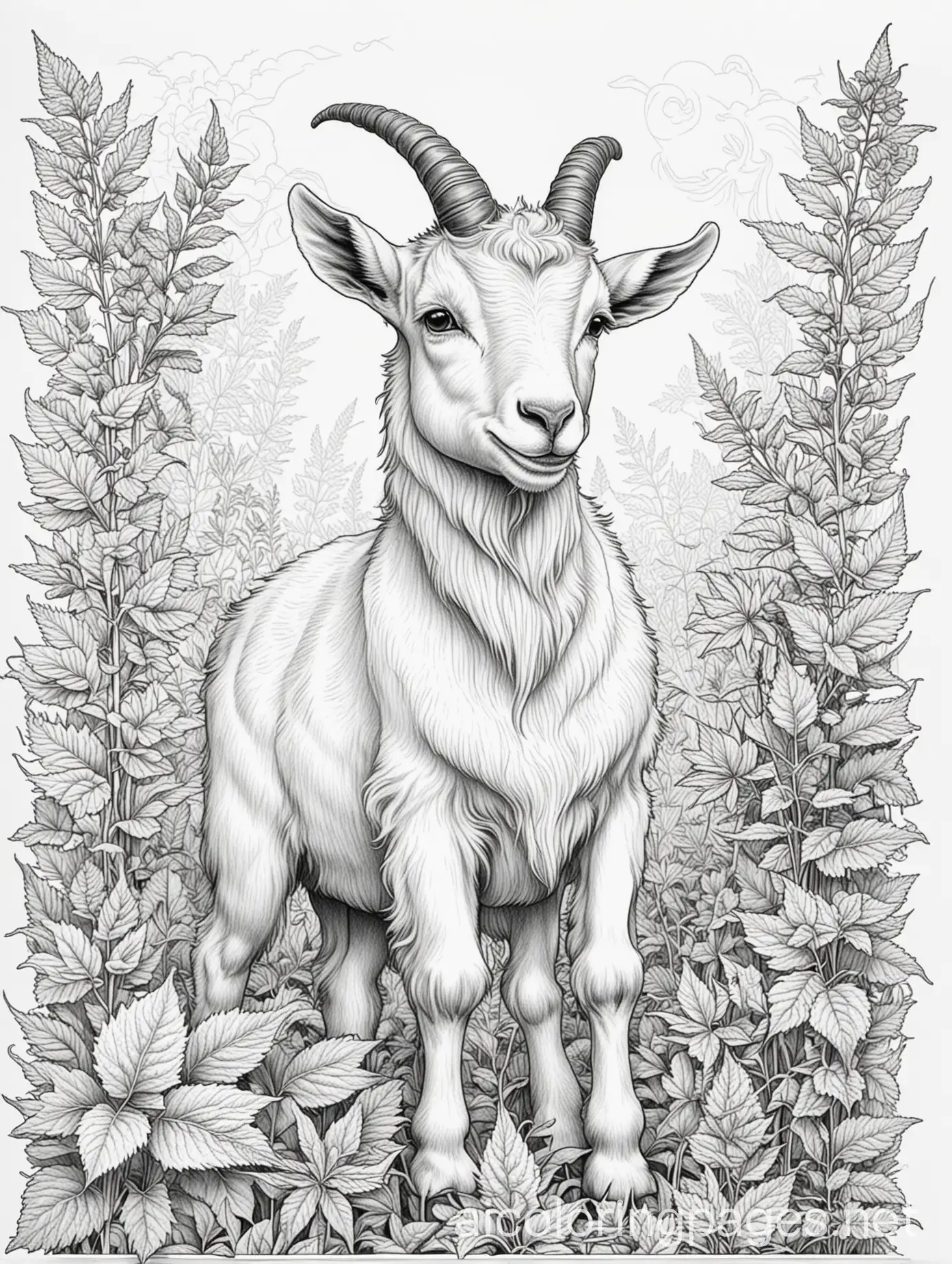 goats cannabis fantasy, Coloring Page, black and white, line art, white background, Simplicity, Ample White Space. The background of the coloring page is plain white to make it easy for young children to color within the lines. The outlines of all the subjects are easy to distinguish, making it simple for kids to color without too much difficulty