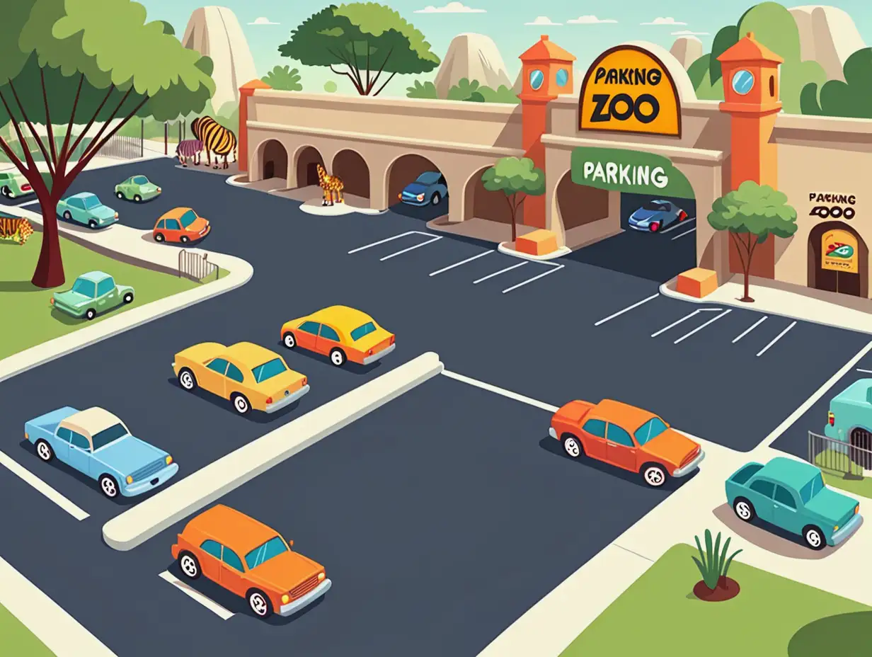 Colorful Cartoon Zoo Parking Lot with Entrance Sign and Vehicles