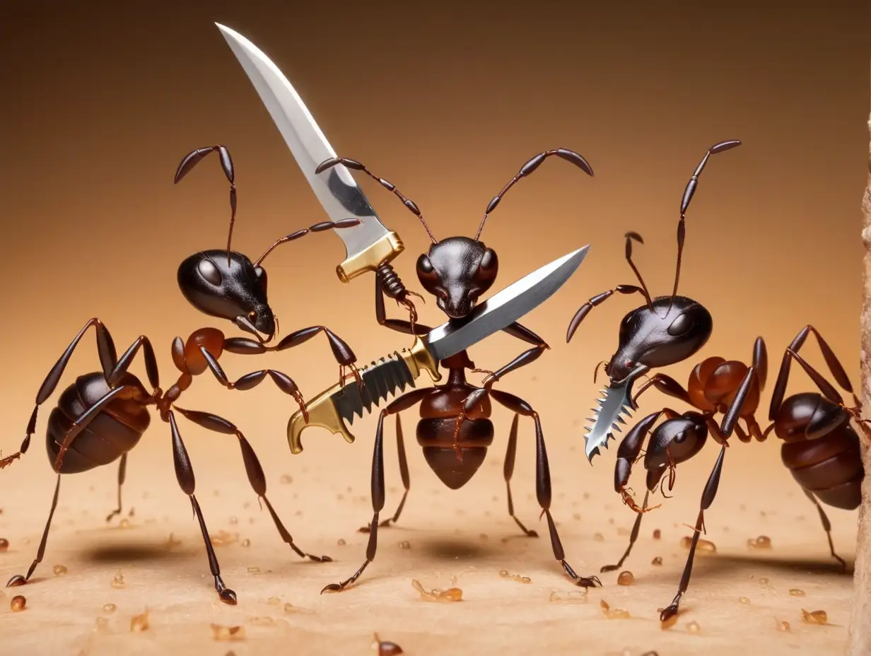 Killer ants holding knives