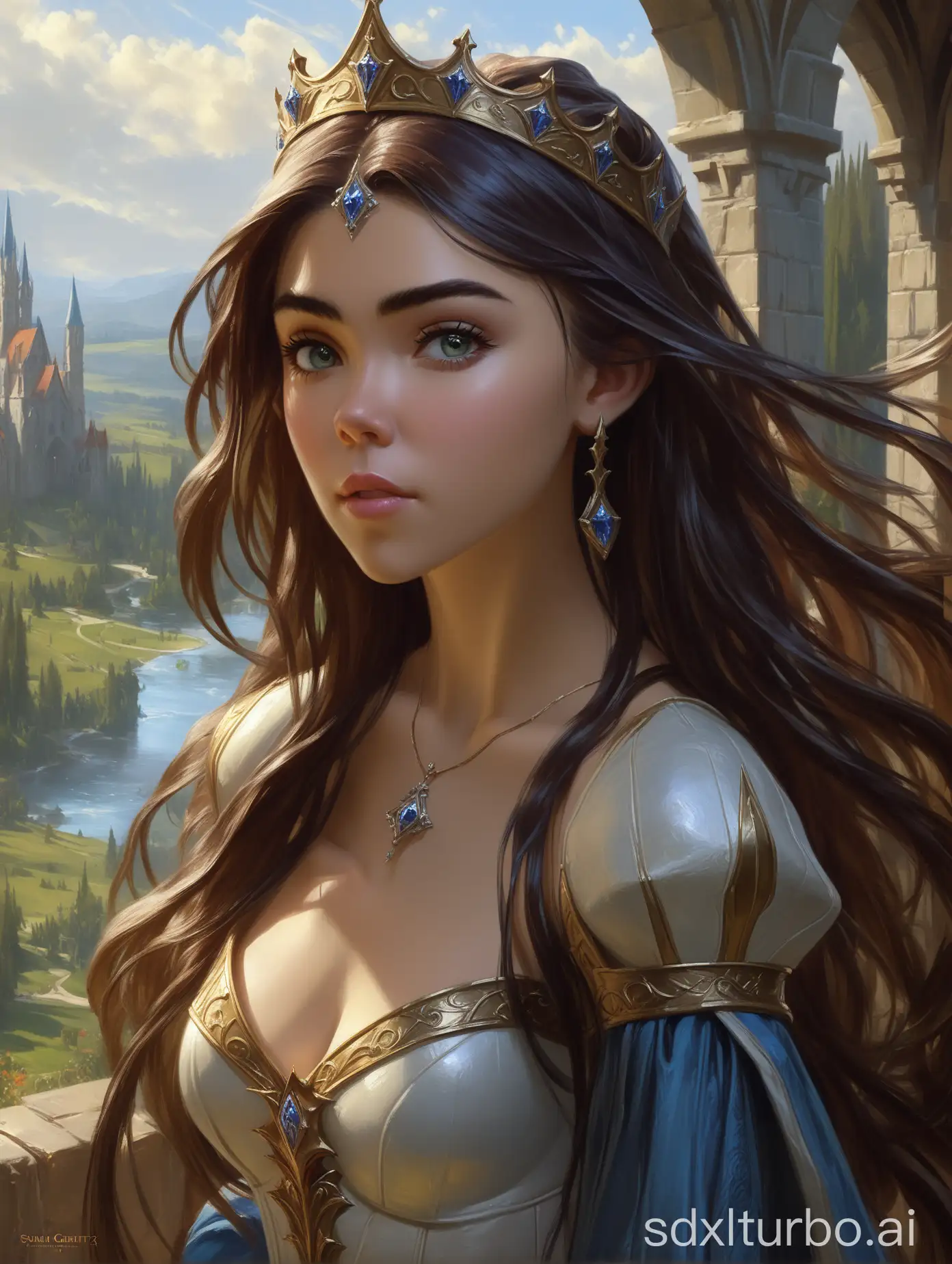 beautiful portrait of stunningly beautiful madison beer as a medieval princess with flowing hair in the wind, low-cut neckline, sharp focus on the eyes, impressionism oil painting by Daniel Gerhartz, Digital Painting by Stanley Lau, Illustration by Gerald Brom, fantasy art, artstation, 8K, highly detailed, concept art, photorealistic, octane render, unreal engine