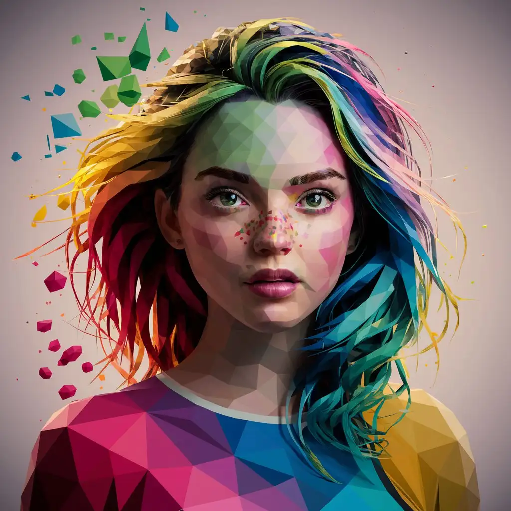 Create a vibrant, polygonal portrait of a young woman. Her face is constructed from an array of colorful geometric shapes, including triangles and polygons, with a wide range of hues like green, pink, yellow, blue, and purple. Her striking green eyes are highly detailed and realistic, contrasting with the abstract style of the rest of the image. The woman has long, flowing hair, also depicted using various geometric shapes in multiple colors. Her lips are slightly parted, adding to the lifelike expression. The background is a simple, light gradient that helps the colorful polygons of her face and hair stand out. The overall style is reminiscent of modern digital art, with a focus on bold colors and abstract shapes to form a cohesive and visually captivating portrait