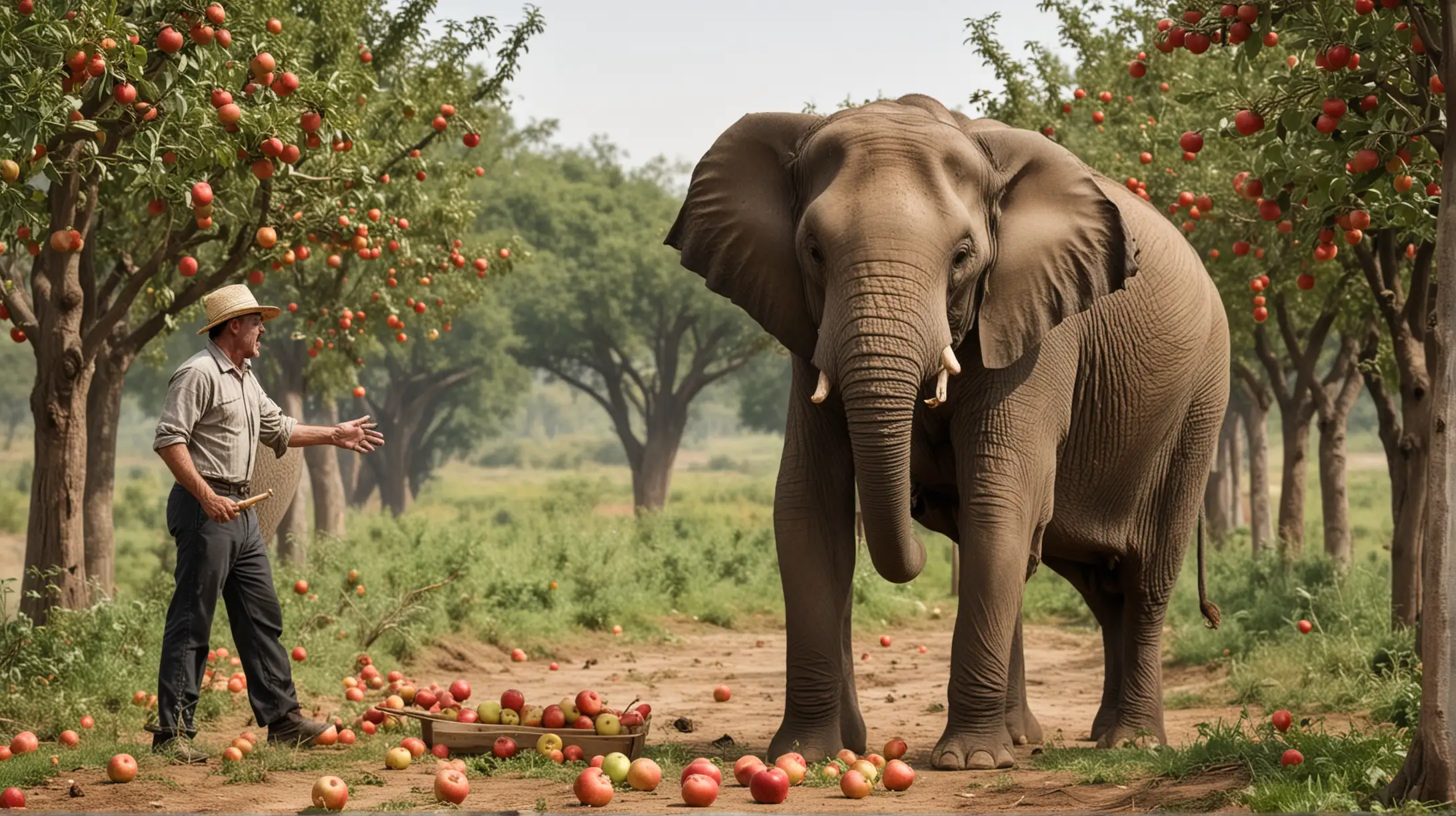 An angry farmer catches an elephant stealing apples from his orchard.

