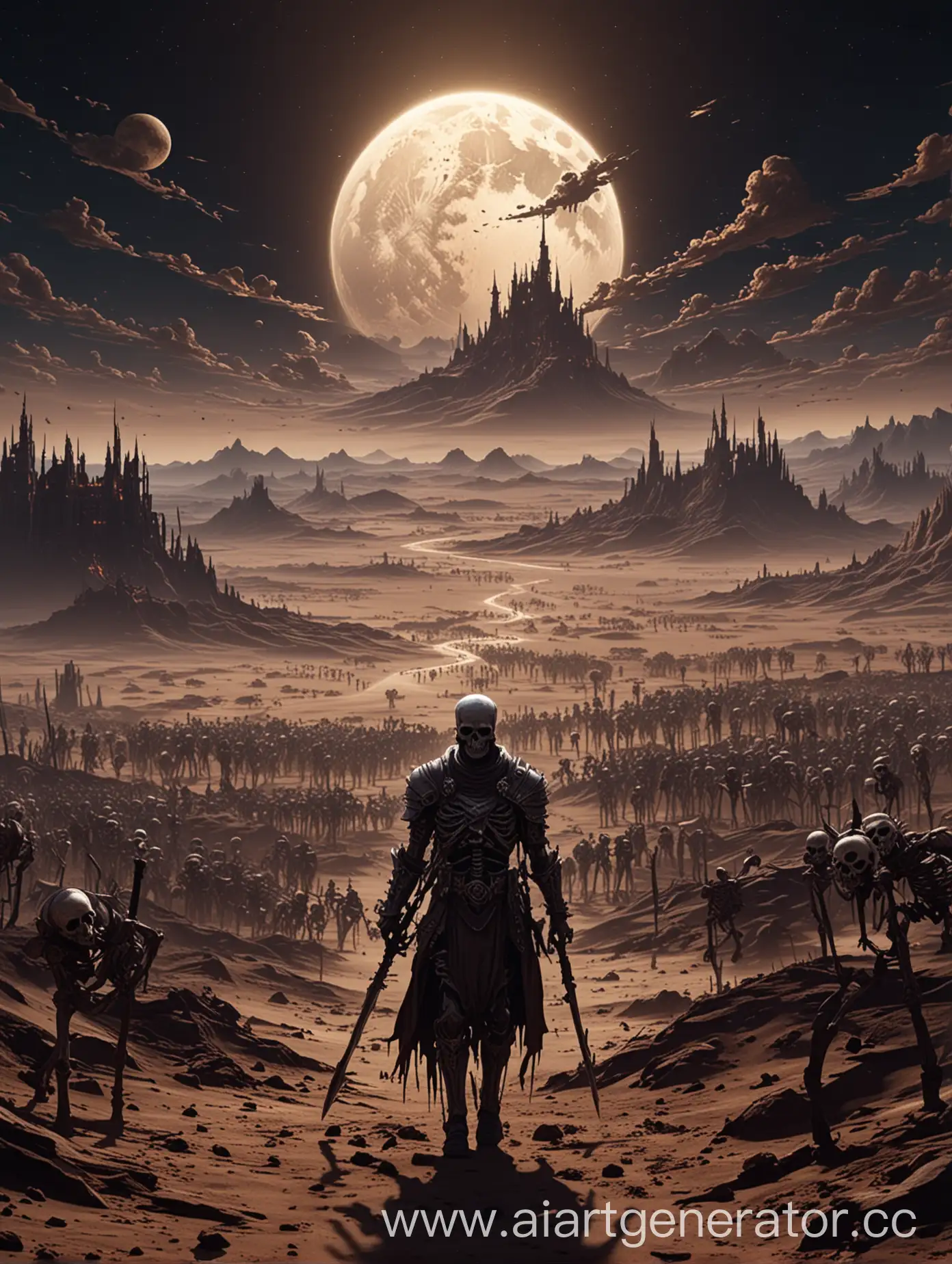 Планета земля, на тёмном фоне, стиль аниме, 8k,Армия короля нежити,на фоне пустыни, приближено,скелеты в доспехах,испускающие магические эссенций