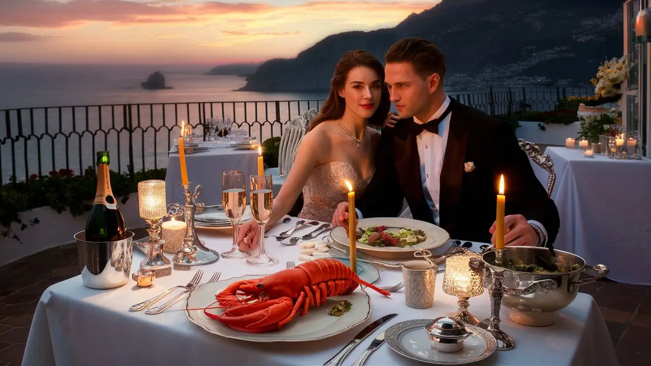 Attractive handsome young couple elegantly dressed sit at a dinner table with silverwar, candles, china, champagne, and lobster, on terrace in Amafi, Italy, overlooking the Mediterranean, sunset, golden hour