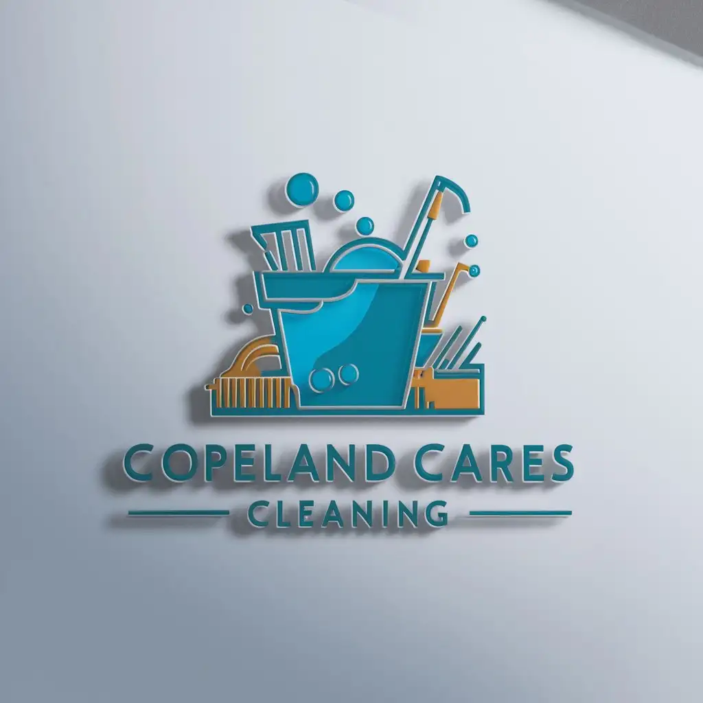 a logo design,with the text "Copeland Cares Cleaning", main symbol:A cleaning service with a mop bucket  with blue water and bubblesncleaning supplies,Minimalistic,be used in Nonprofit industry,clear background