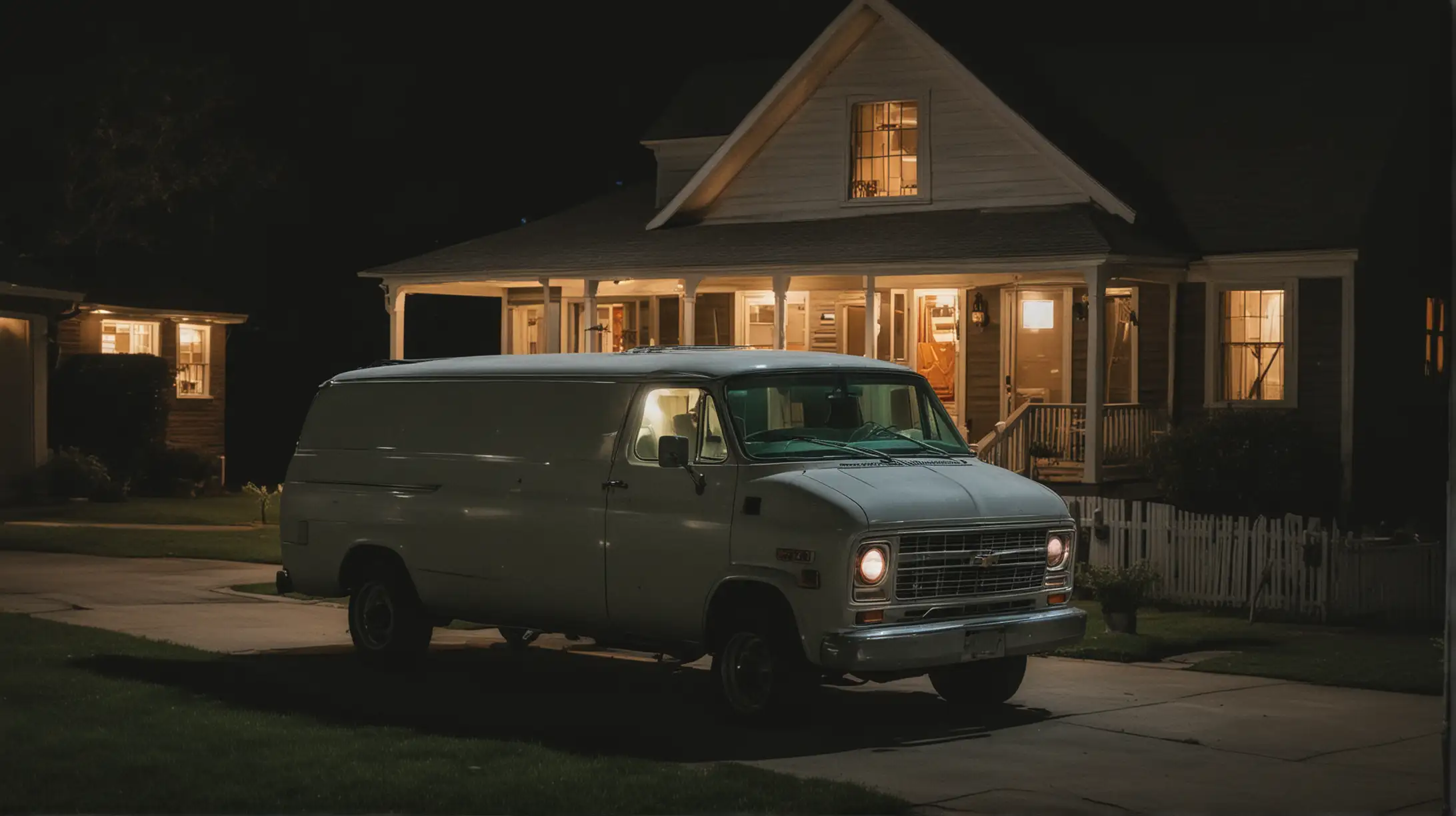 Vintage Chevy Van Parked at Night by House