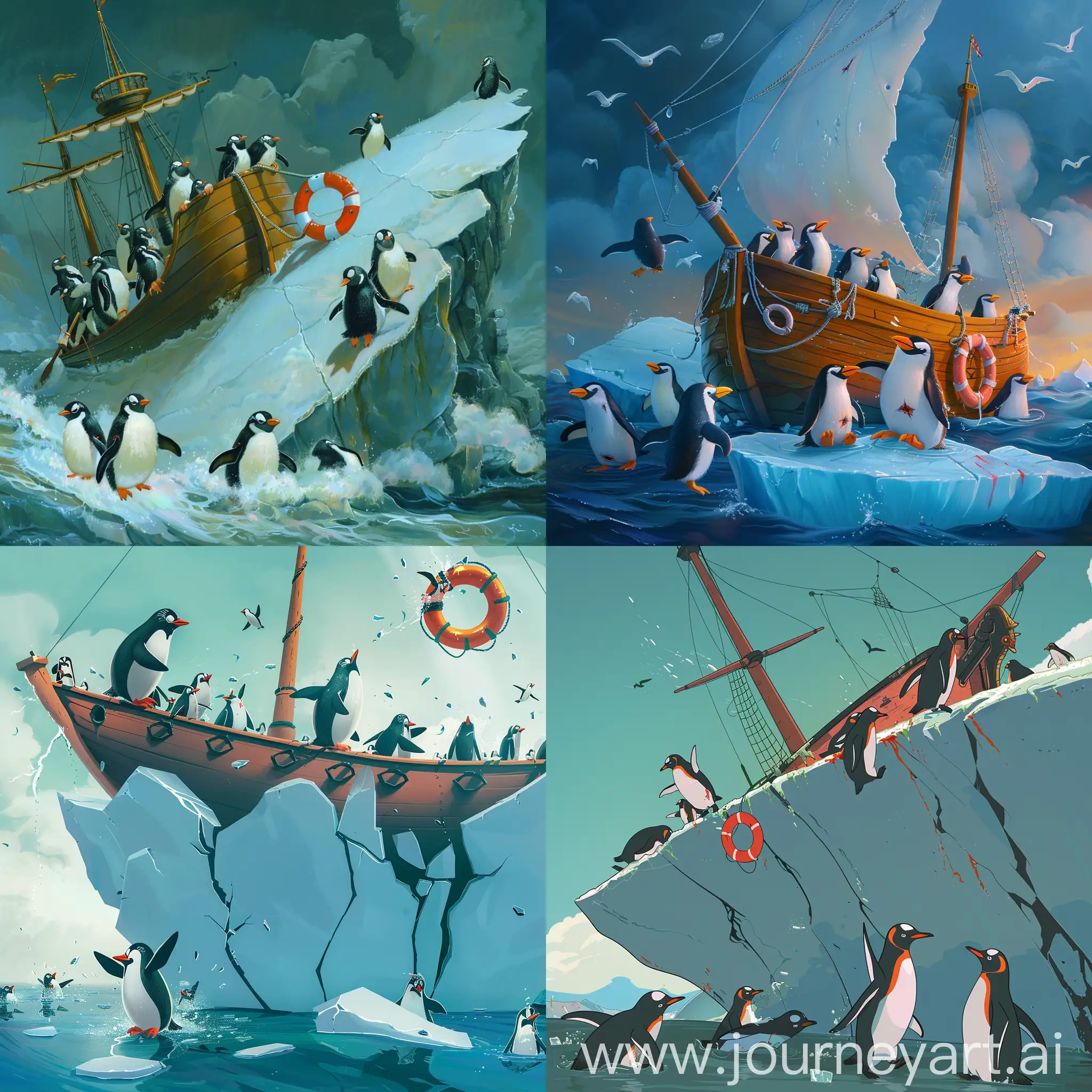 It all takes place in a cartoon. A ship with penguins sails along a large sinking ice floe that has cracked and is going down. Captain Penguin throws a life preserver to the penguins, but not all of them decide to save themselves and some of the penguins ignore the life preserver and prefer to die, and some penguins in the life preserver