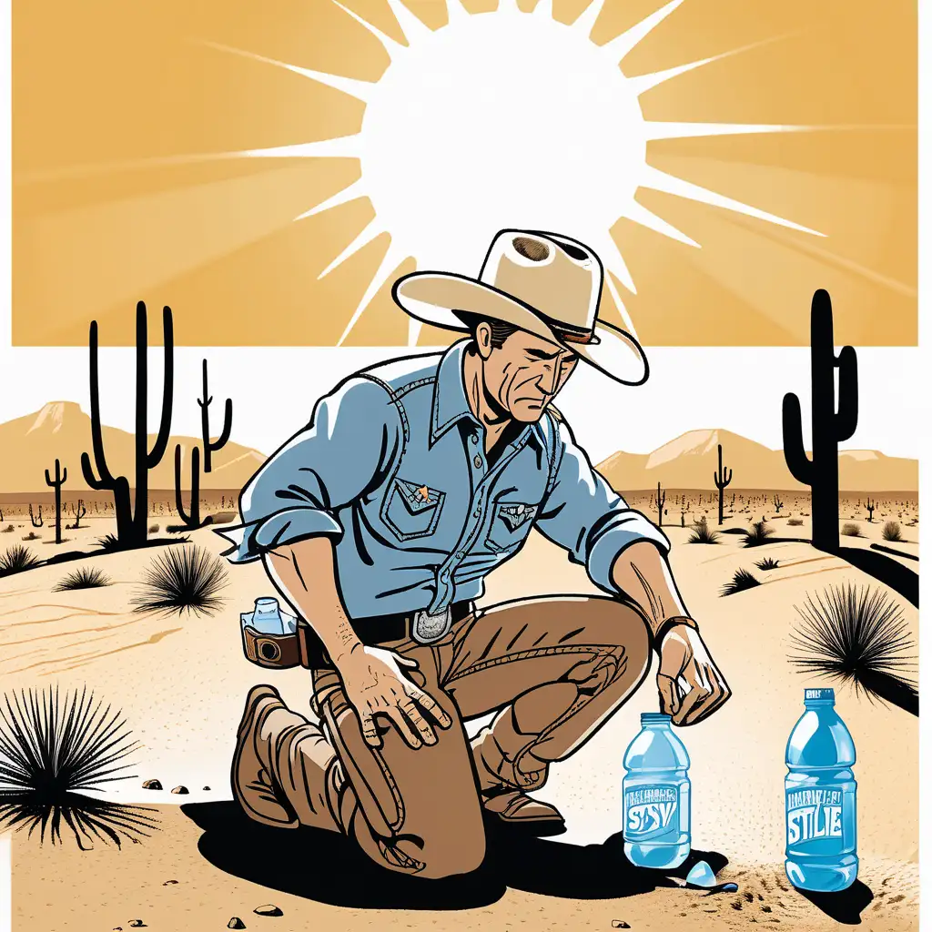 A man in a cowboy outfit is on his hands and knees through a desert. His hands are pressed against the ground. He is very thirsty. There is an discarded water bottle beside him. The sun is blazing down on him. In the style of a political cartoon.