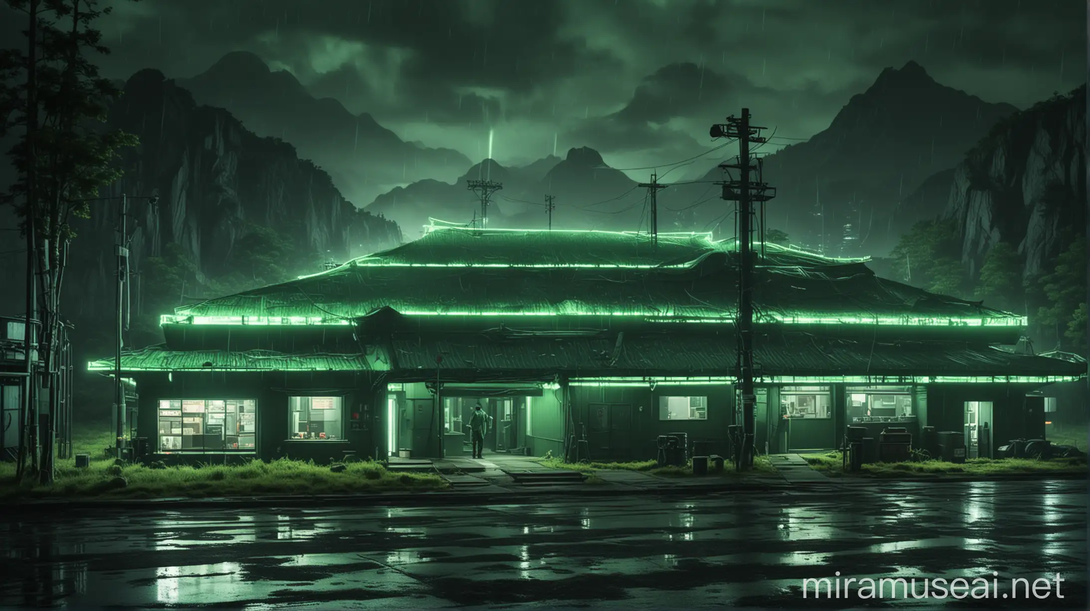 Realistic Japanese research centers buildings with one worker around it, green neon and huge neon lights inside the part, its color shadow on the floor, Rainy weather, staff in dark green uniforms and helmets, Atmospheric and cinematic, The huge structures, A dark green smoke rose from the research centers environment and spread in the air, The image space is outside the realistic research center.
with huge satellite antennas,
A huge cubic green neon object,
in the Realistic mountains.
atmospheric and cinematic.
All overall dark green image theme.
Very big lights and lots of green neon lights.
The neon lights in the image should be very bright throughout the image.
The neon lights in the picture should be very bright in the dark
The neon lights in the picture should be very bright.
Very large and bright neon lamps in the structure.
Shades of green throughout the image.
3D.
Several large advanced and strange buildings nearby.
With large inscriptions on the structure.
Like Japanese sloping houses.