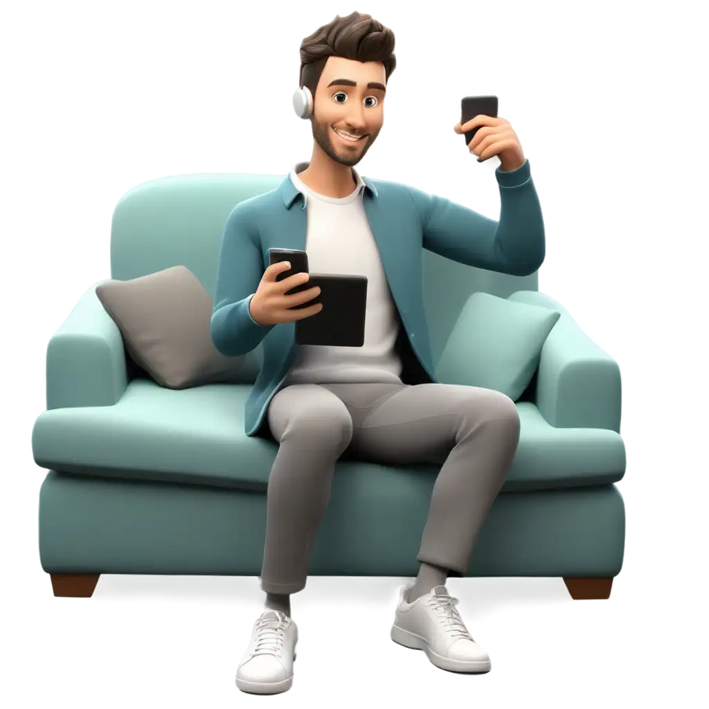 3D picture the person sitting on sofa using phone