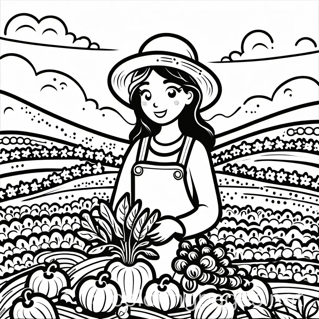 Girl is growing vegetables, very simple, Coloring Page, black and white, line art, white background, Simplicity, Ample White Space.