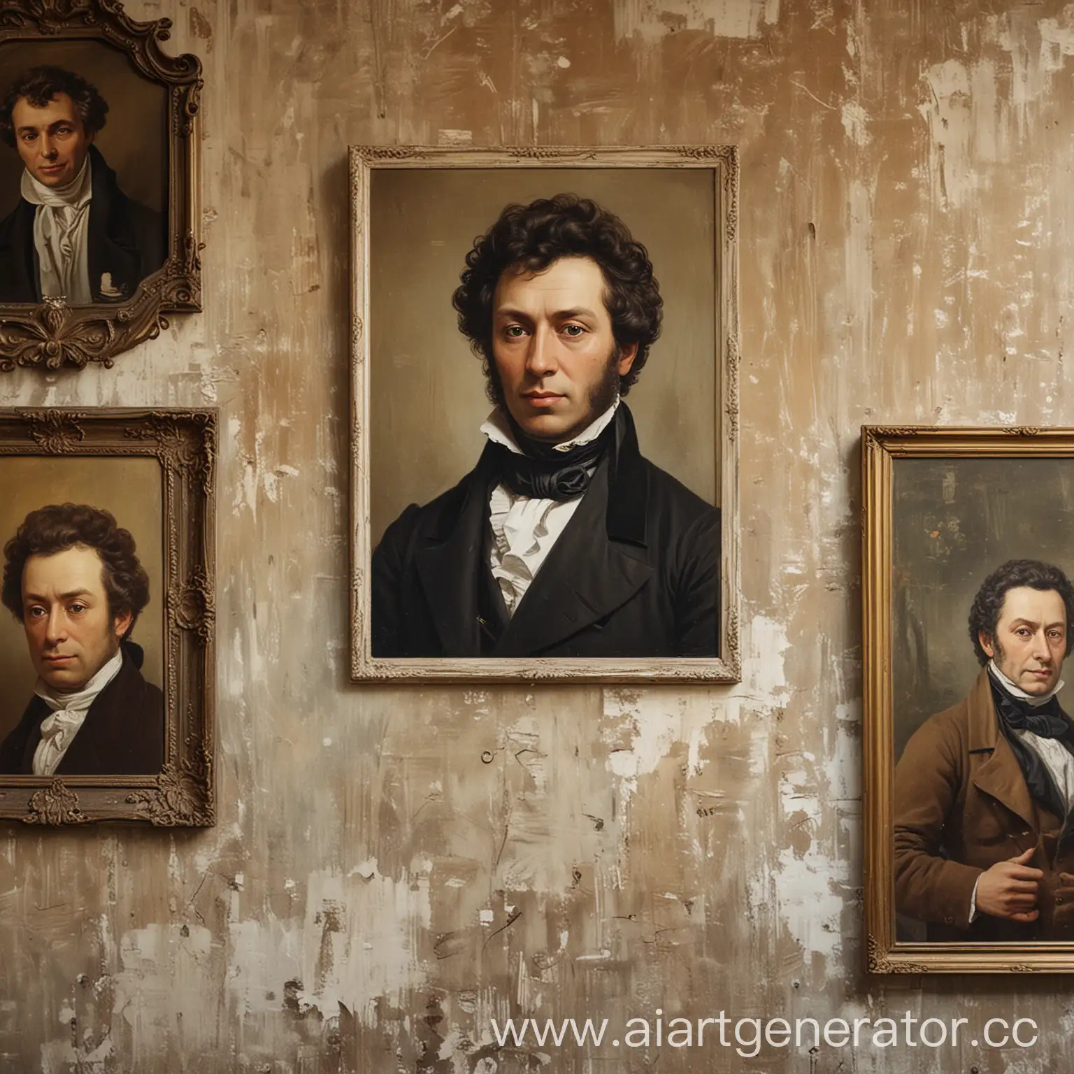 Пушкин на фоне стены винтаж а сзади картины