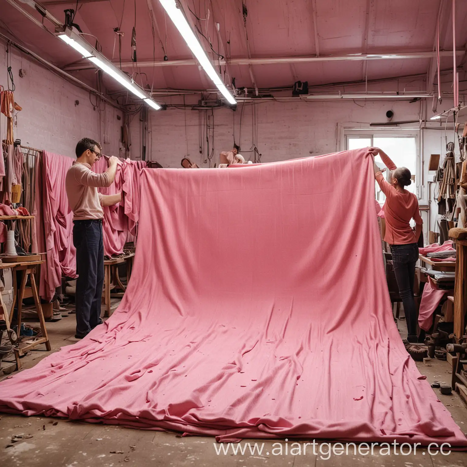 People in the workshop dry the fabric in pink