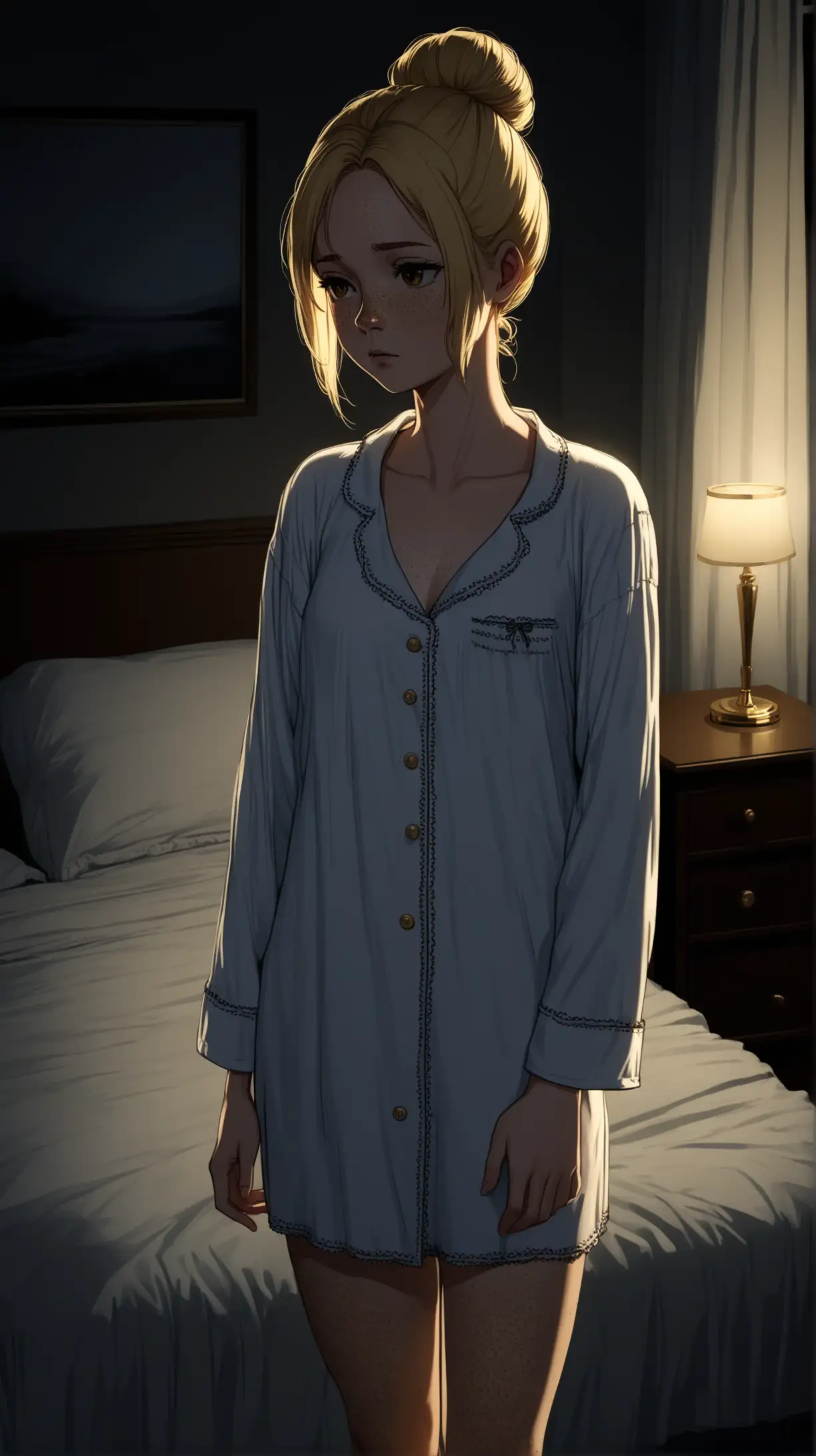 Draw a woman, long blonde hair in a bun, gold eyes, freckles, perky figure, high quality, long shot, indoors, bedroom, nightwear, dark lighting, sleepy