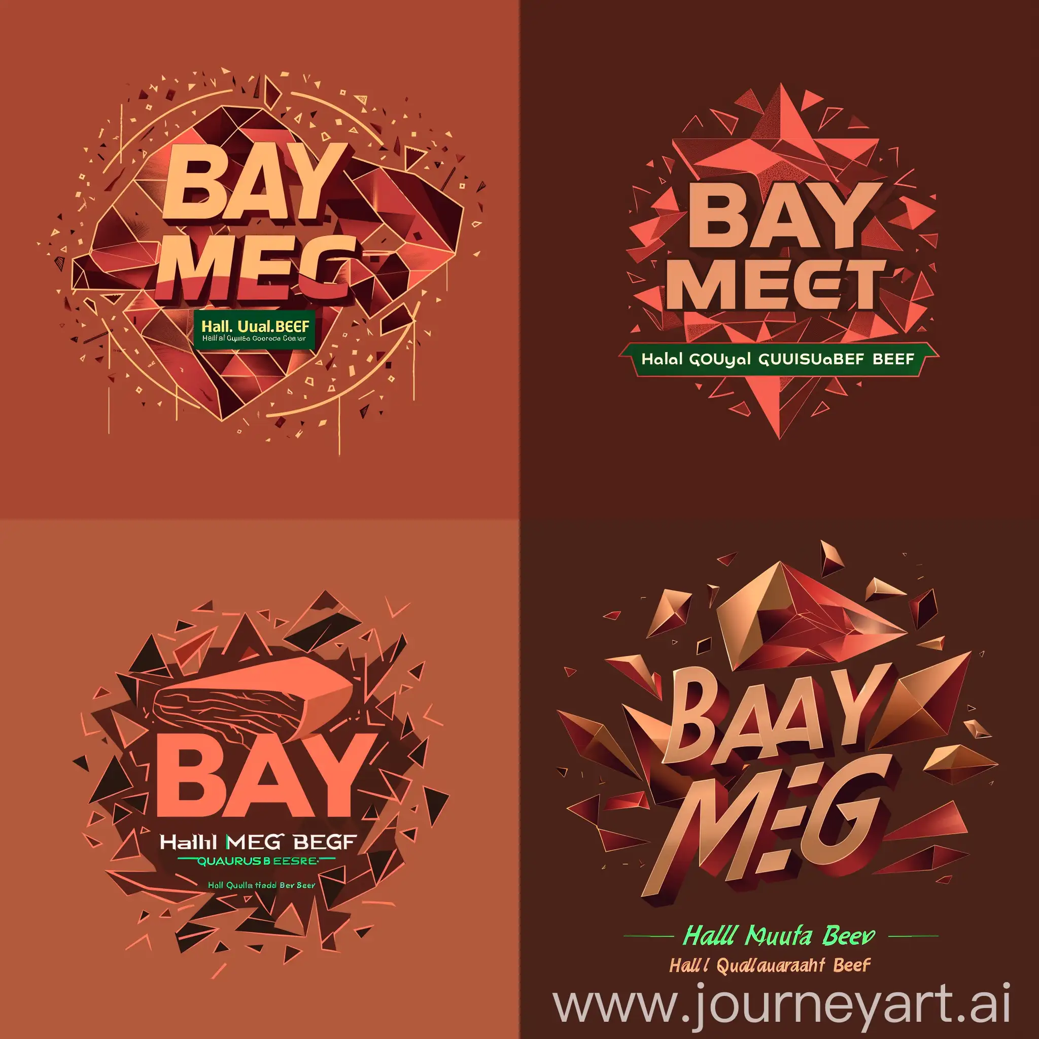 The BAY MEAT logo is made in warm shades of red and brown. The company's name is written in a large, clear font, symbolizing quality and reliability. Abstract geometric elements are arranged around the text, resembling the shape of a piece of meat, but without images of living creatures. Under the name, in a smaller font, the slogan "Halal Quality Beef" is written in green, emphasizing naturalness and compliance with halal standards.