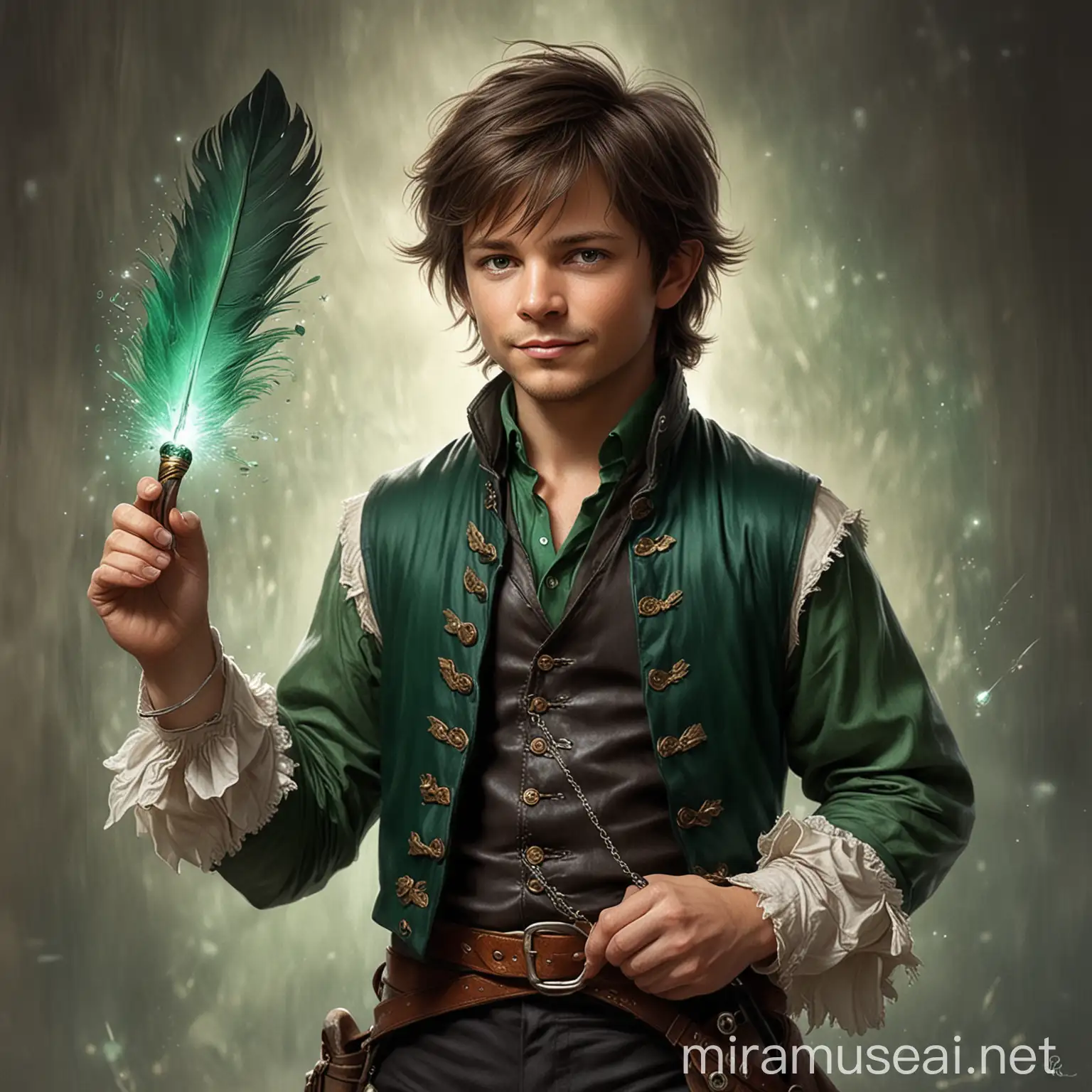 Cheerful Halfling Bard Poet with Emerald Feather in Magical Aura