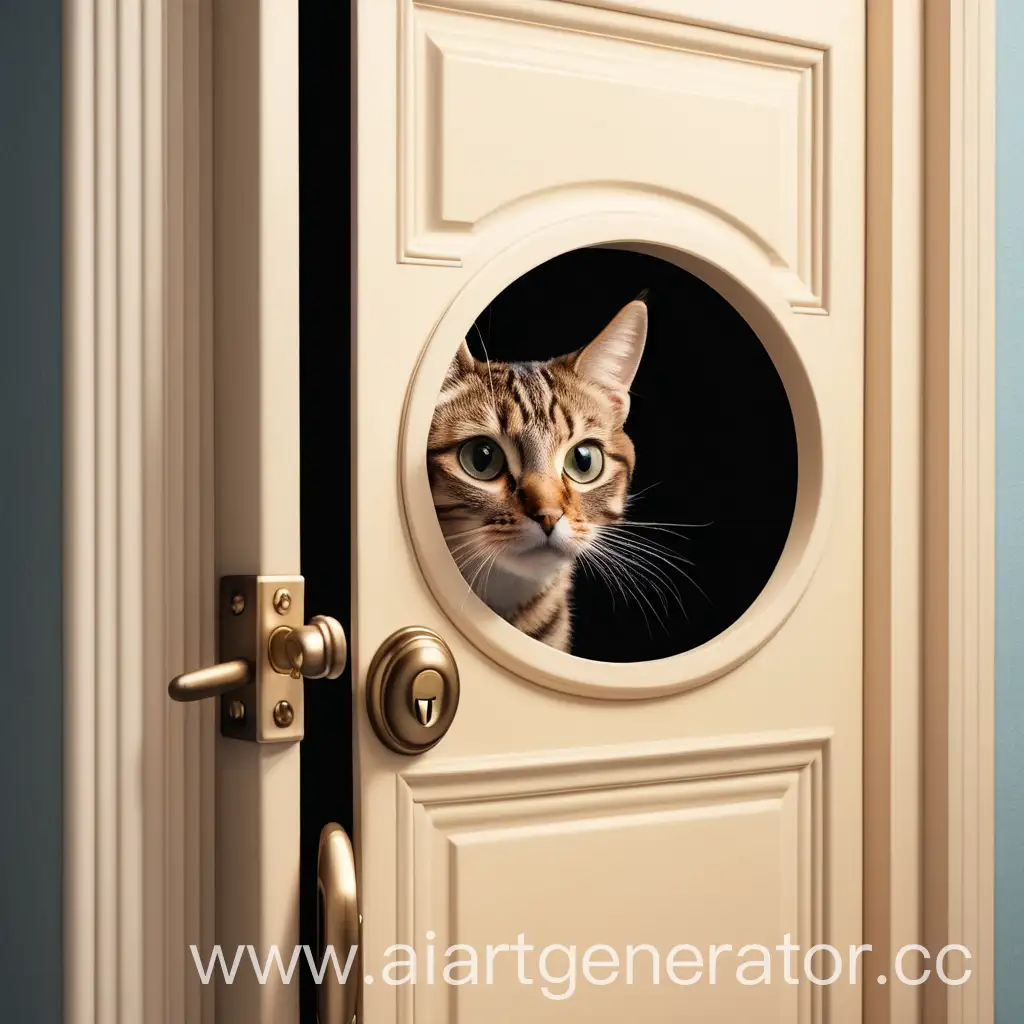 Кошка мурка смотрит в глазок двери