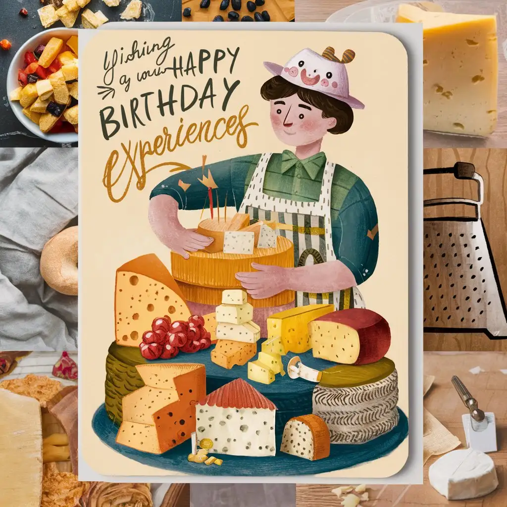 Нужно создать поздравительную открытку с днем рождения, человек занимается изготовлением сыров