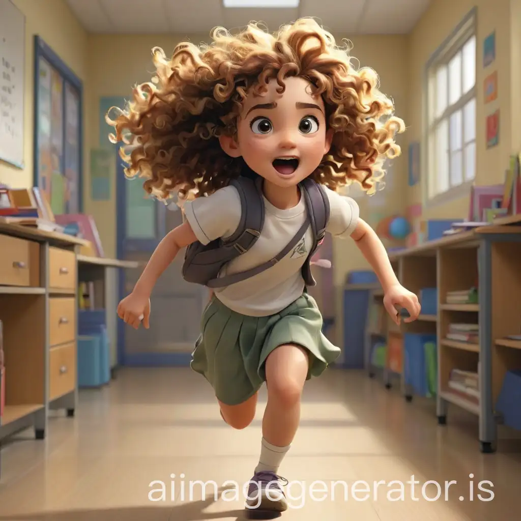 create a image of Lily running out from her class room, running towards the corridoor, Lily has curly hair