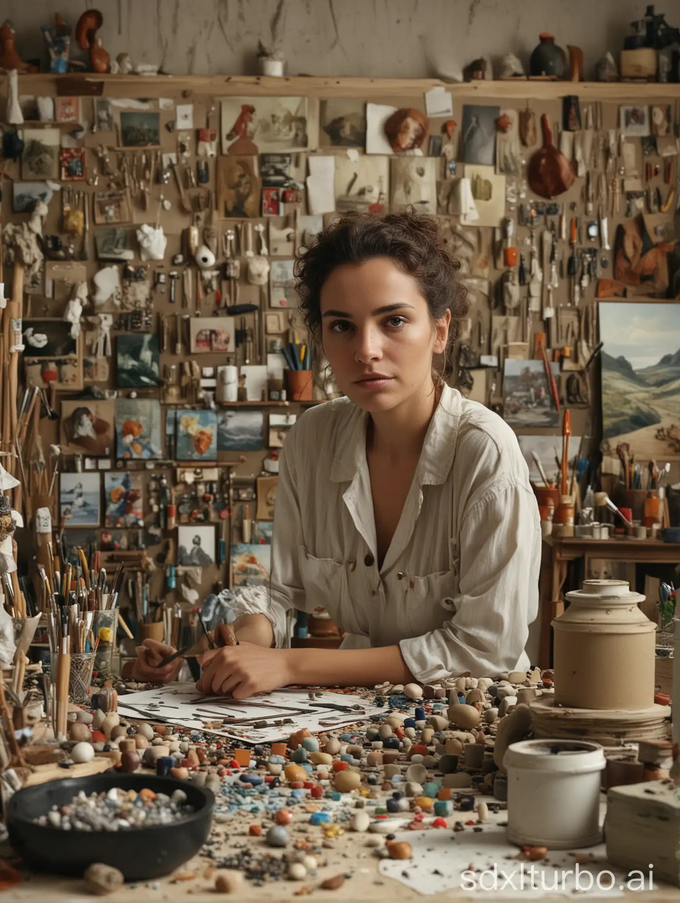 A portrait of an artist focused on their work, surrounded by their creations. Photo, 64K, UHD, seed# 223366332