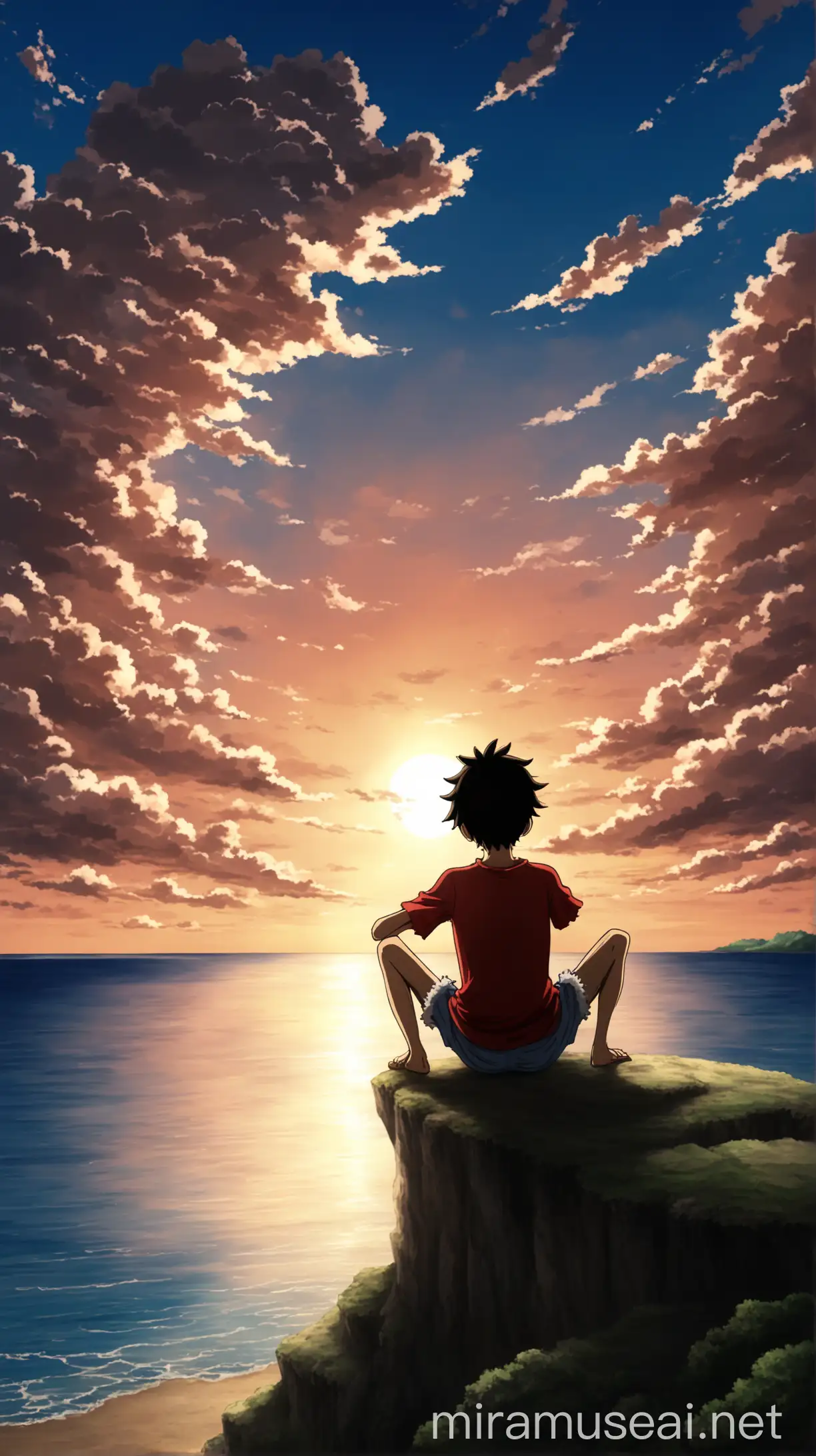 luffy sitting in the subset with pretty clouds near the ocean