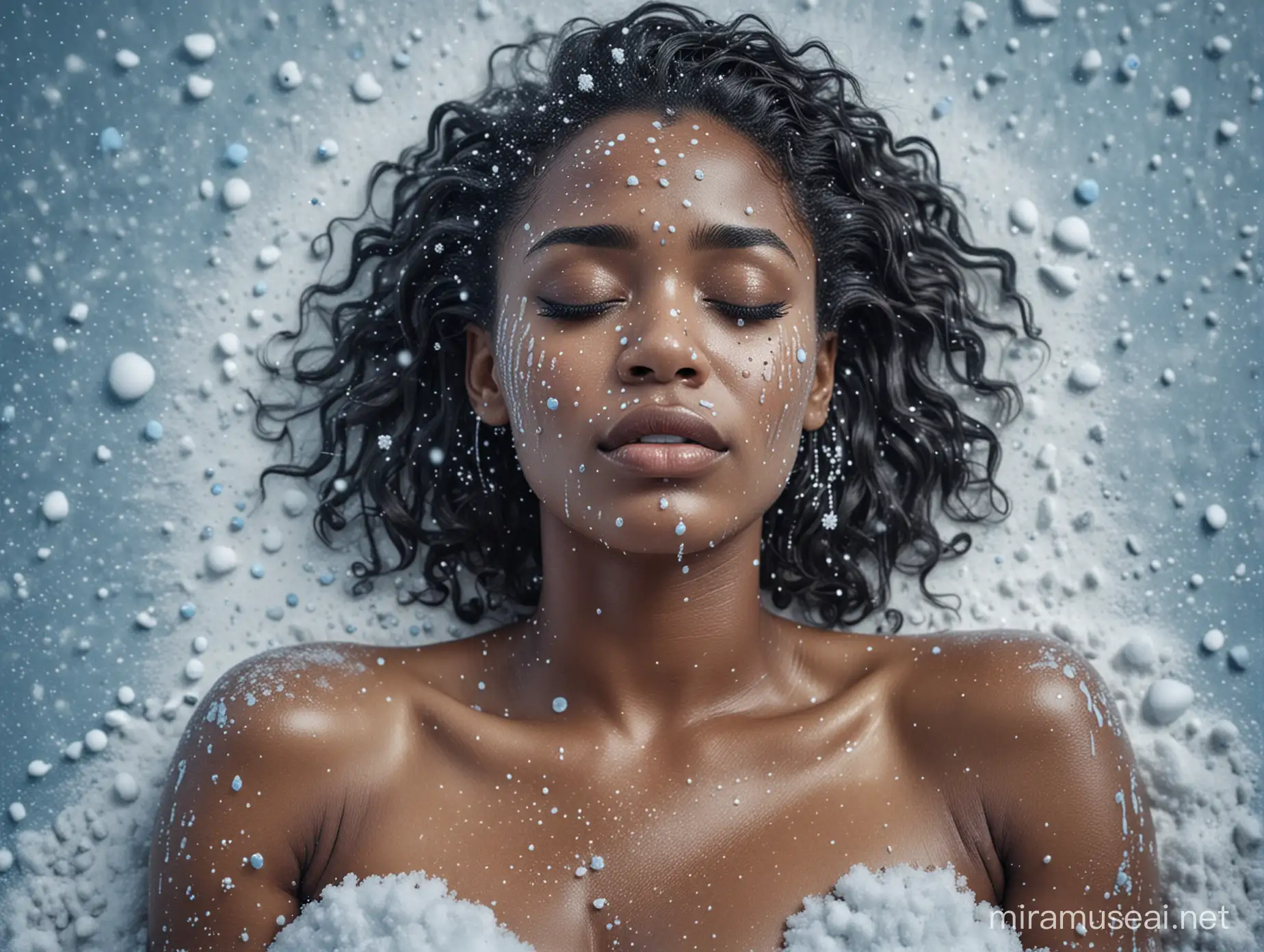 A crying naked African American woman, laying curled up in the snow, while snowing, with silver dots and small shapes, light blue small dots abstract liquid melt background, high fashion, vintage photography, cinematic