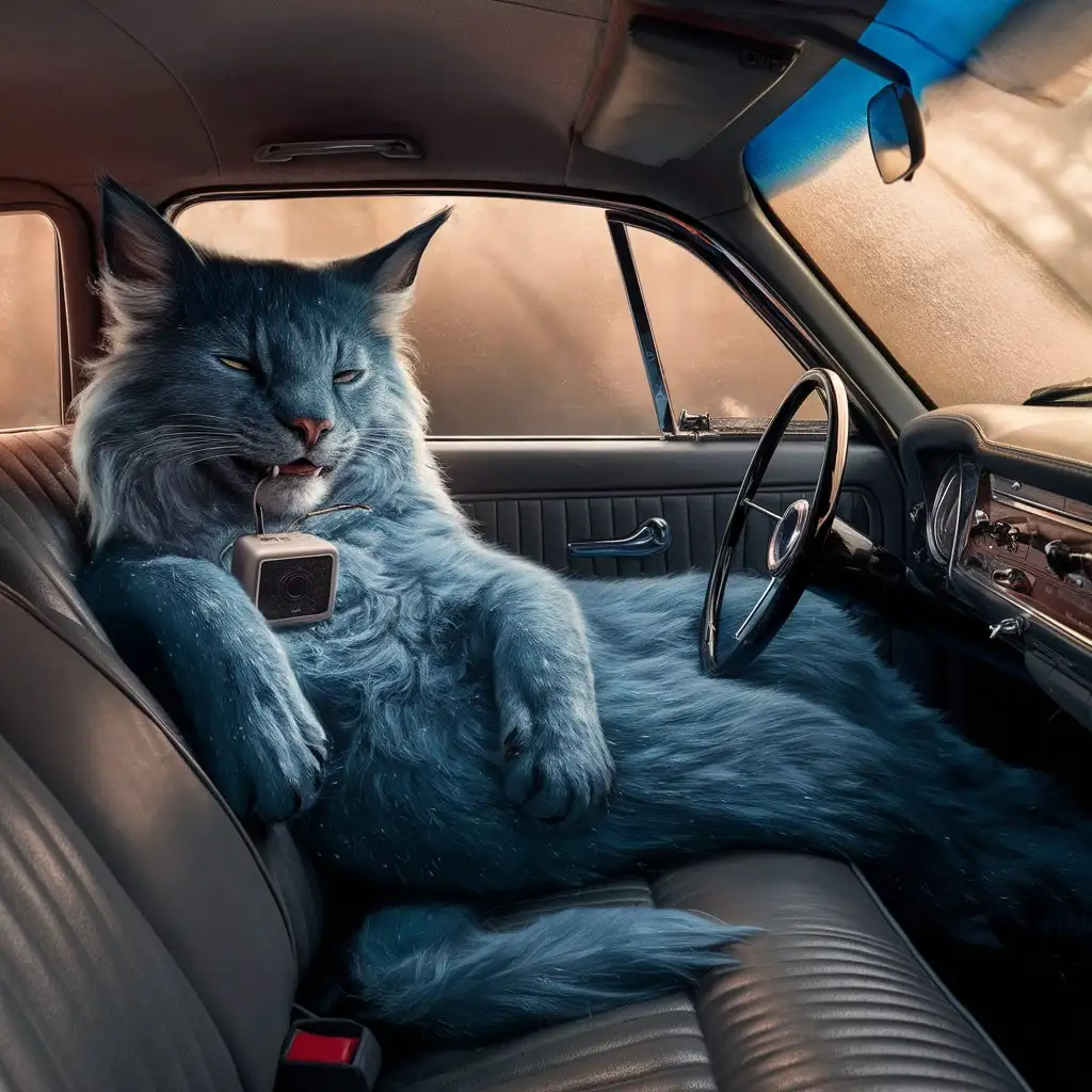 majestic blue feline enjoying music in the back of a car