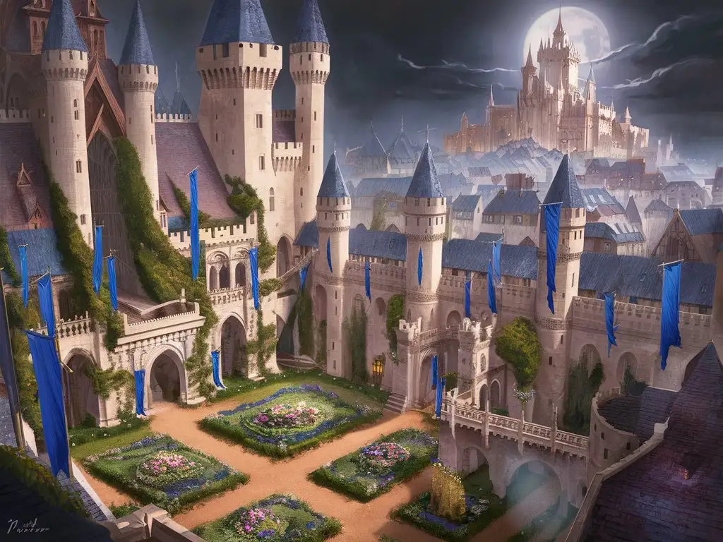 An image of a medieval fantasy castle, inner gardens, and inner bridges, high towers, blue decorations like banners, at night in the moonlight, in a detailed fantasy style, the city starts with small simple houses up until the masterfully crafted keep on the top, in a detailed fantasy style 
