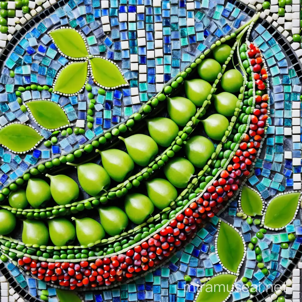 Vibrant Mosaic Art Green Pea Pods with Fresh Leaves and Intricate Background