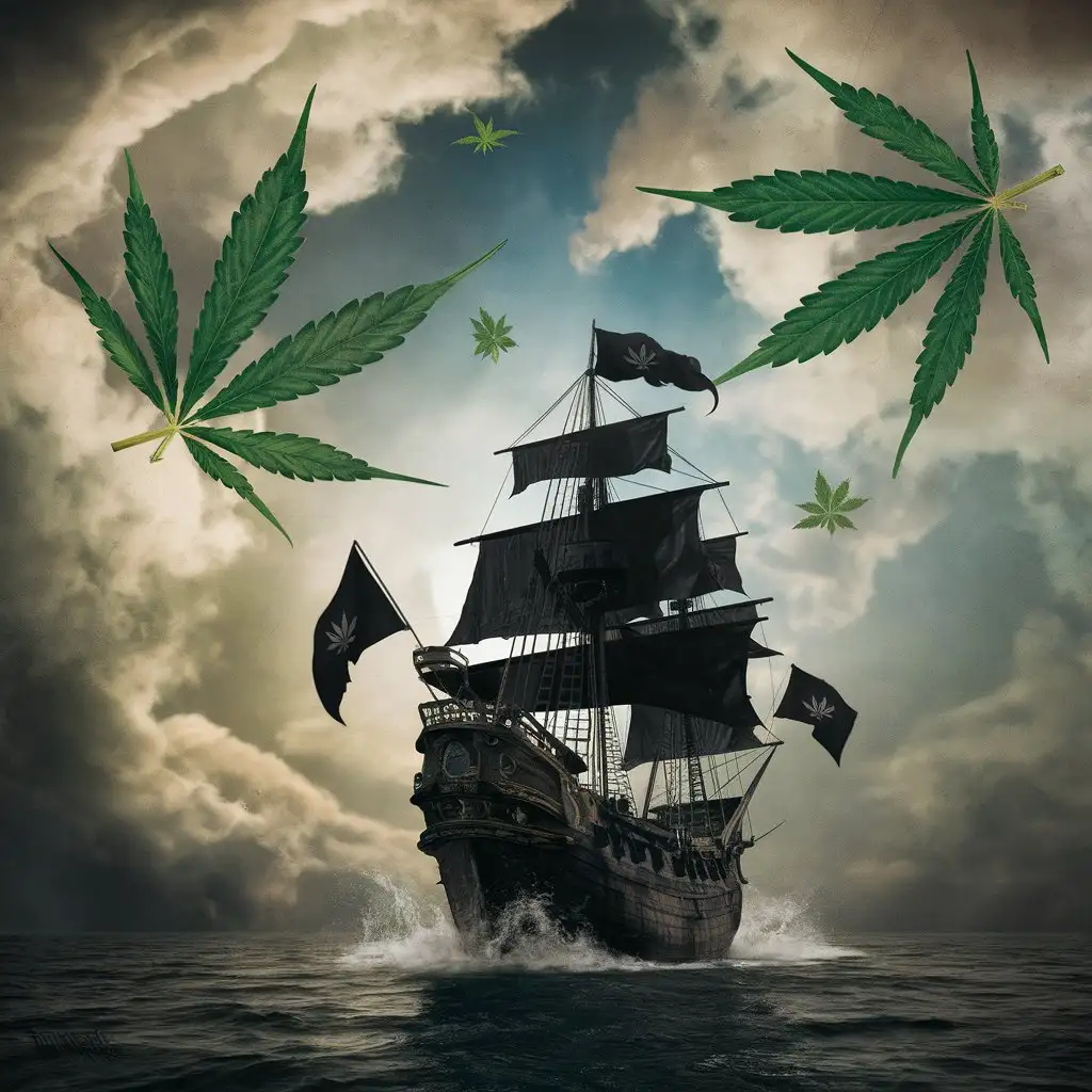 Корабль летучий голландец с черными пиратскими флагами появляется из воды на фоне облаков вокруг летают листья канабисса 