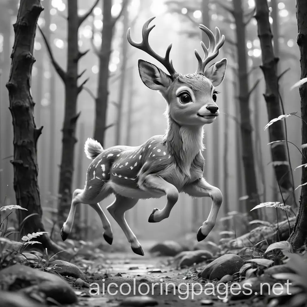 A small deer is jumping and skipping in the forest, Coloring Page, black and white, line art, white background, Simplicity, Ample White Space