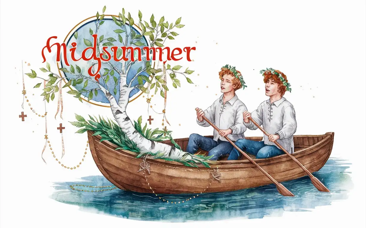 round shape logo with midsummer day aesthetics, a cut down young white birch tree reclining in a boat in the middle of the river, with delicate green leaves and colored ribbons and beads and crosses hanging on the branches, two young men wearing white linen folk shirts are rowing a boat and singing, wearing flower wreaths, slavic celebration,  aquarelle style, magical, golden pigment, watercolor drawing