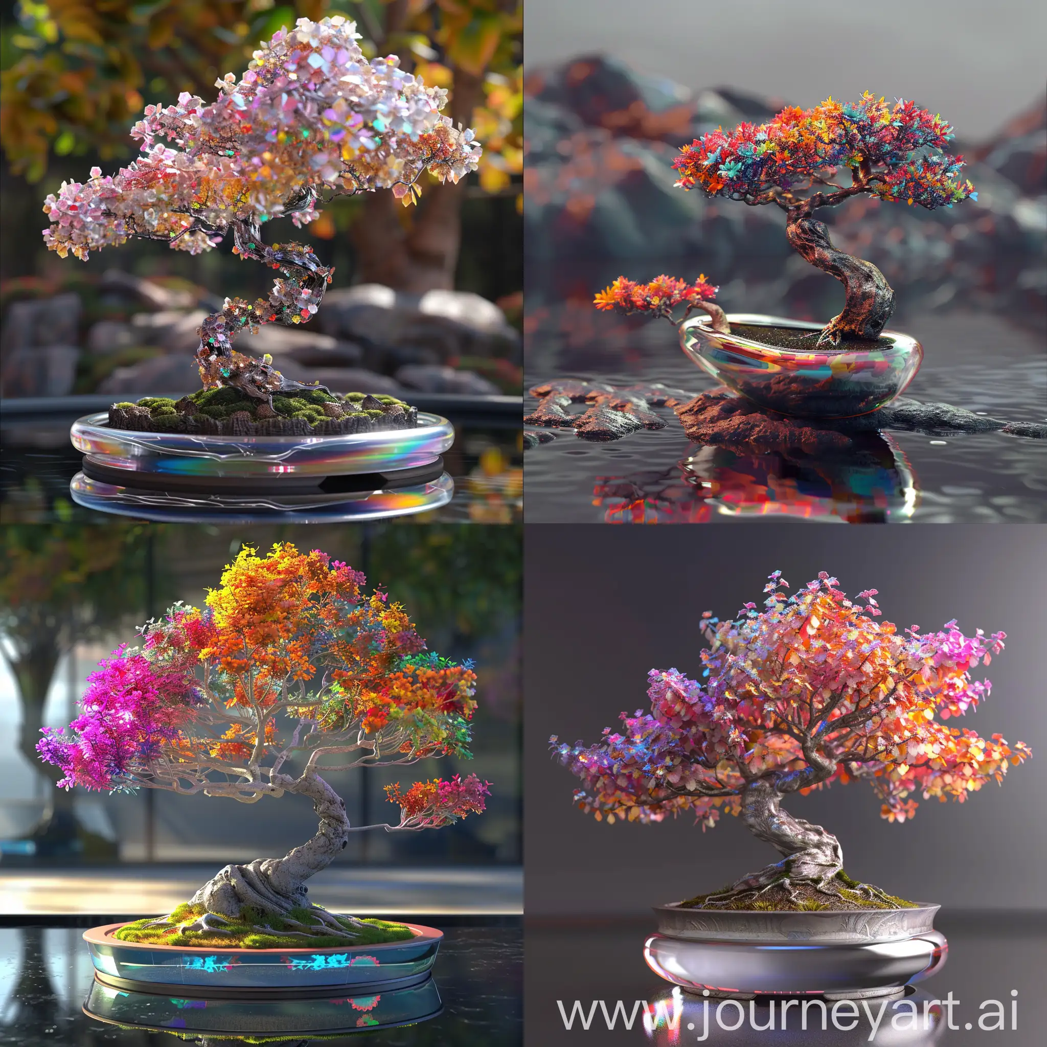 Photorealistic Japanese bonsai tree in design processing, a pot made of glass material, a colorful tree. The photo was taken on a monochrome 8k background with an average viewing angle.
