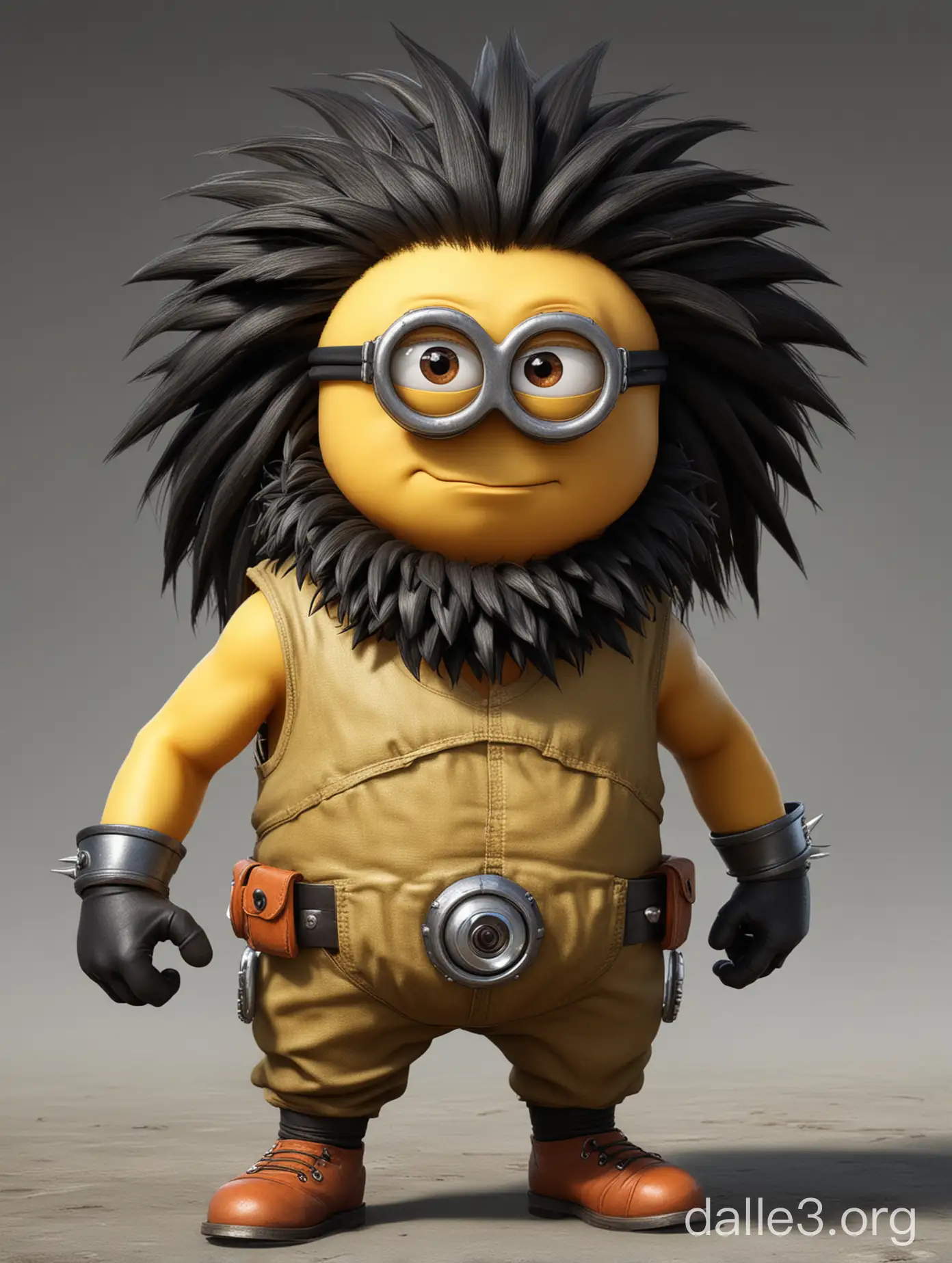 Generate an image of a Despicable Me minion transformed into a yellow-skinned version of Raditz from Dragon Ball Z. The minion should embody Raditz's menacing appearance, featuring his long, spiky black hair and Saiyan armor. Its expression should convey a sense of arrogance and power, reflecting Raditz's ruthless Saiyan warrior nature. The background should blend elements from the Despicable Me world with Dragon Ball Z aesthetics, such as minion-sized Saiyan pods or references to Raditz's scouter. The color palette should emphasize the bright yellow skin of the minion with accents of black and white inspired by Raditz's design, creating a striking fusion of the two characters.
