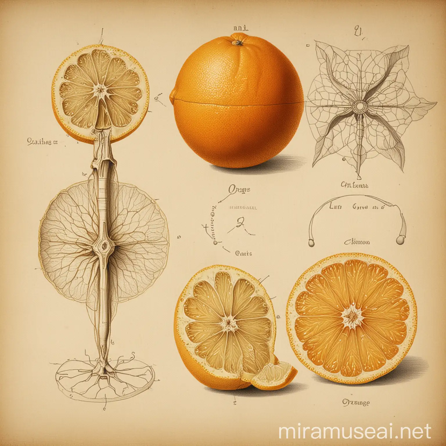1700s style scientific drawing of the parts of an orange and lemon

