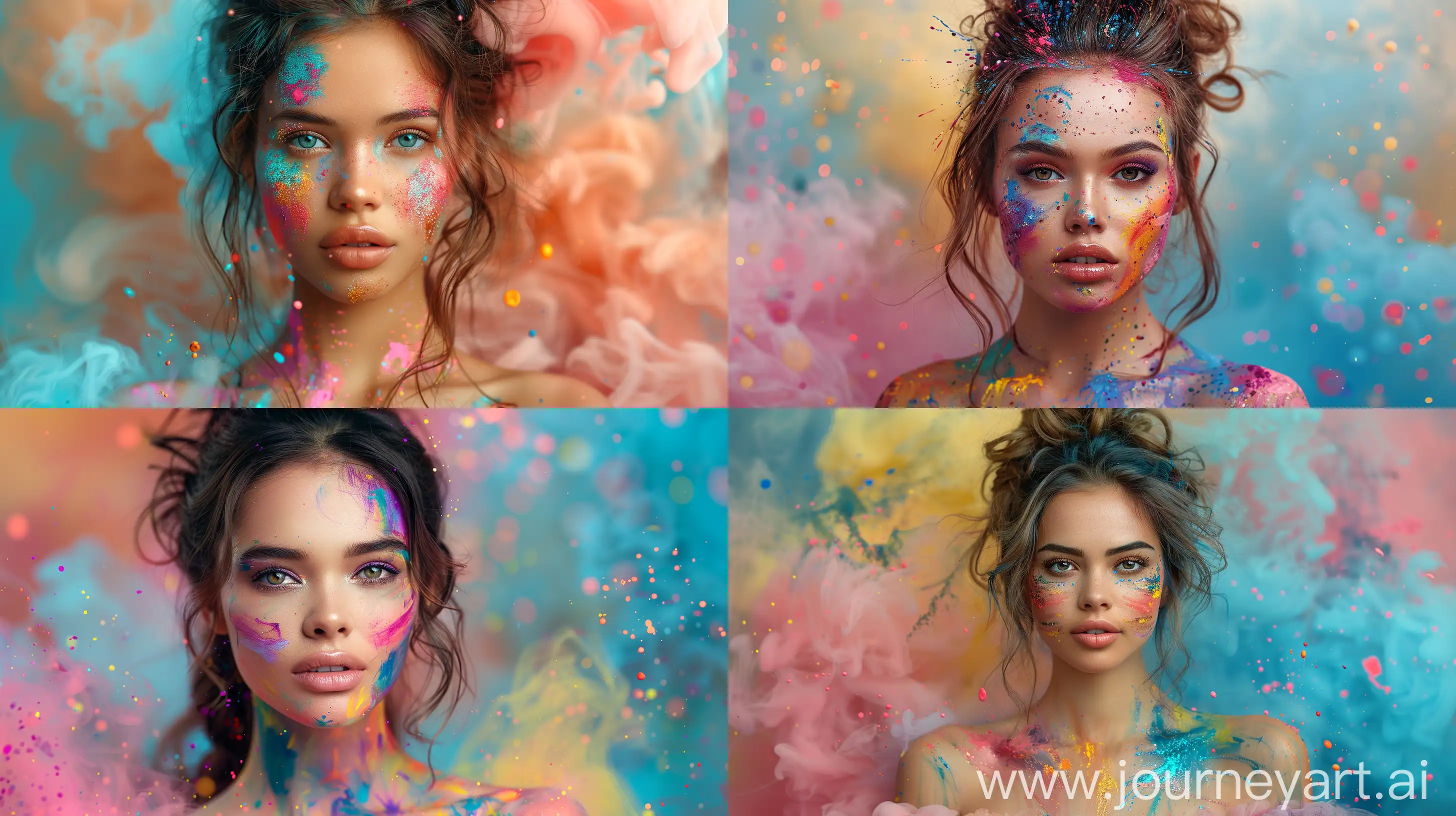 create a a photorealistic image of the body of a beautiful young woman. Her body is painted with very colorful paint. There are paint splatters everywhere. Colorfull smoke at the background. Full body shot. --ar 16:9 --s 1000